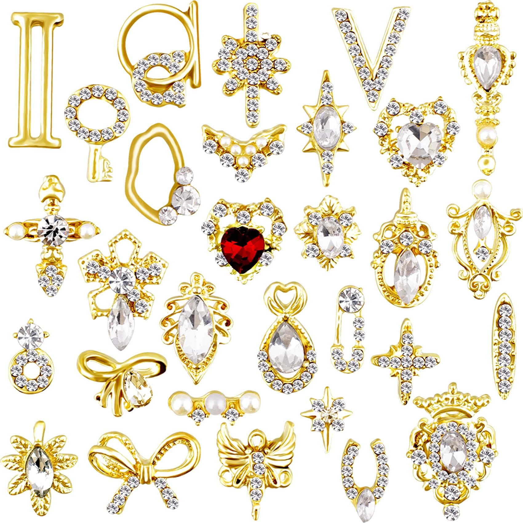 OIIKI 30Pcs 3D Rhinestones Nail Decoration, Nail Art Beauty Design Trims Studs, Metal with Diamonds Gem Stones Various Styles for DIY Manicure Nails Jewelry Making Crafts Gold