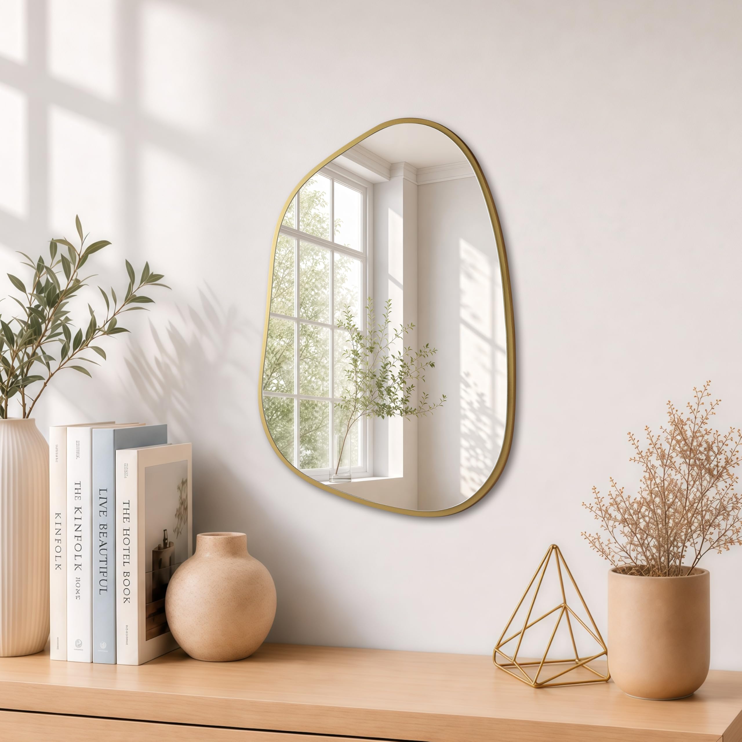 PERFNIQUE Asymmetrical Irregular Wall Mirror, 40 x 30 cm Gold Mirrors for Bathroom Bedroom Living Room Entryway, Small Mirror, Decorative Modern Boho Wall Decor