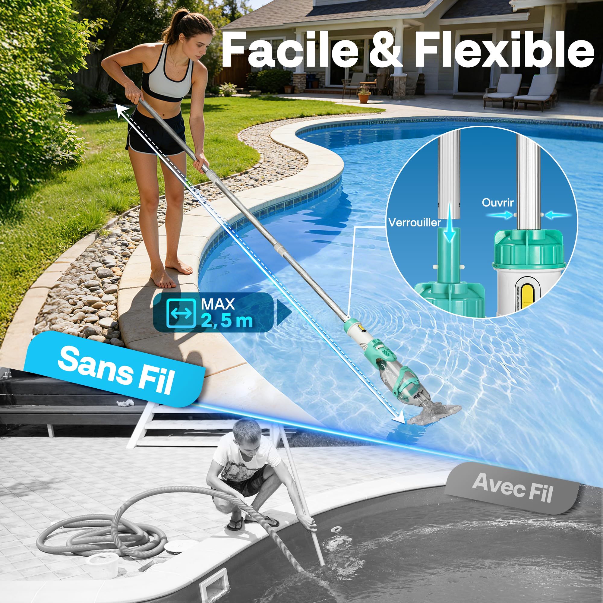 VIVOHOME Aspirateur de Piscine sans Fil avec Batterie 75 Minutes 4300LPH | 4300LPH Nettoyeur de Piscine Portable avec 4 Sacs Filtrants 2,6L, Autonomie jusqu'à 75 Minutes, pour Piscines et Spa