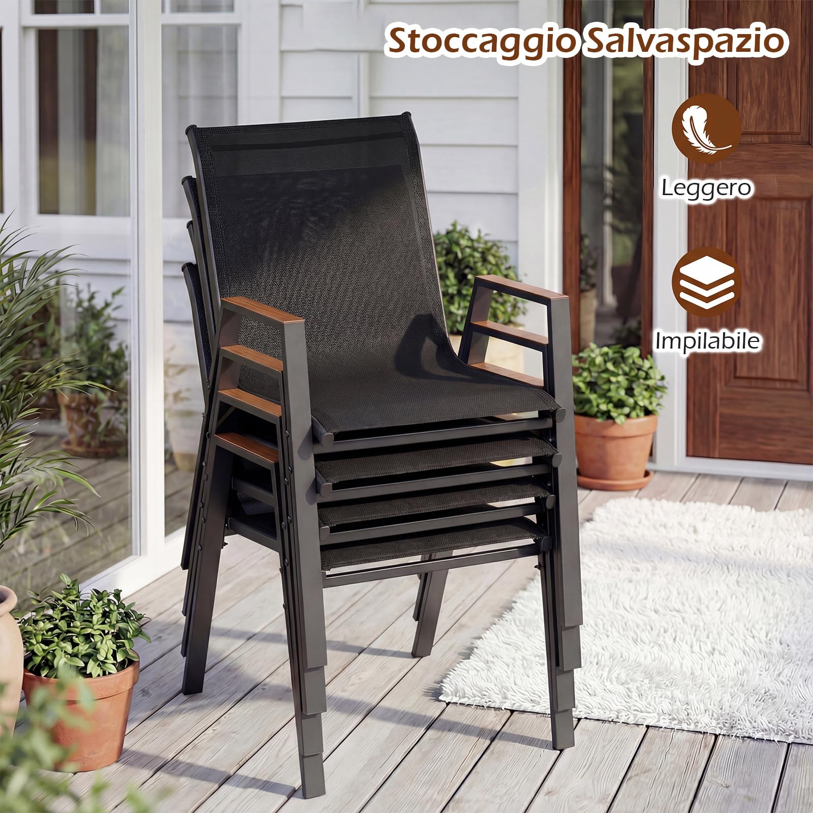 COSTWAY Set di 2/4 Sedie da Giardino, Poltrone in Tessuto Textilene per Esterno, Sedie Impilabili con Gambe in Metallo, Portata 180 kg, 56 x 66 x 88 cm (Nero,4)