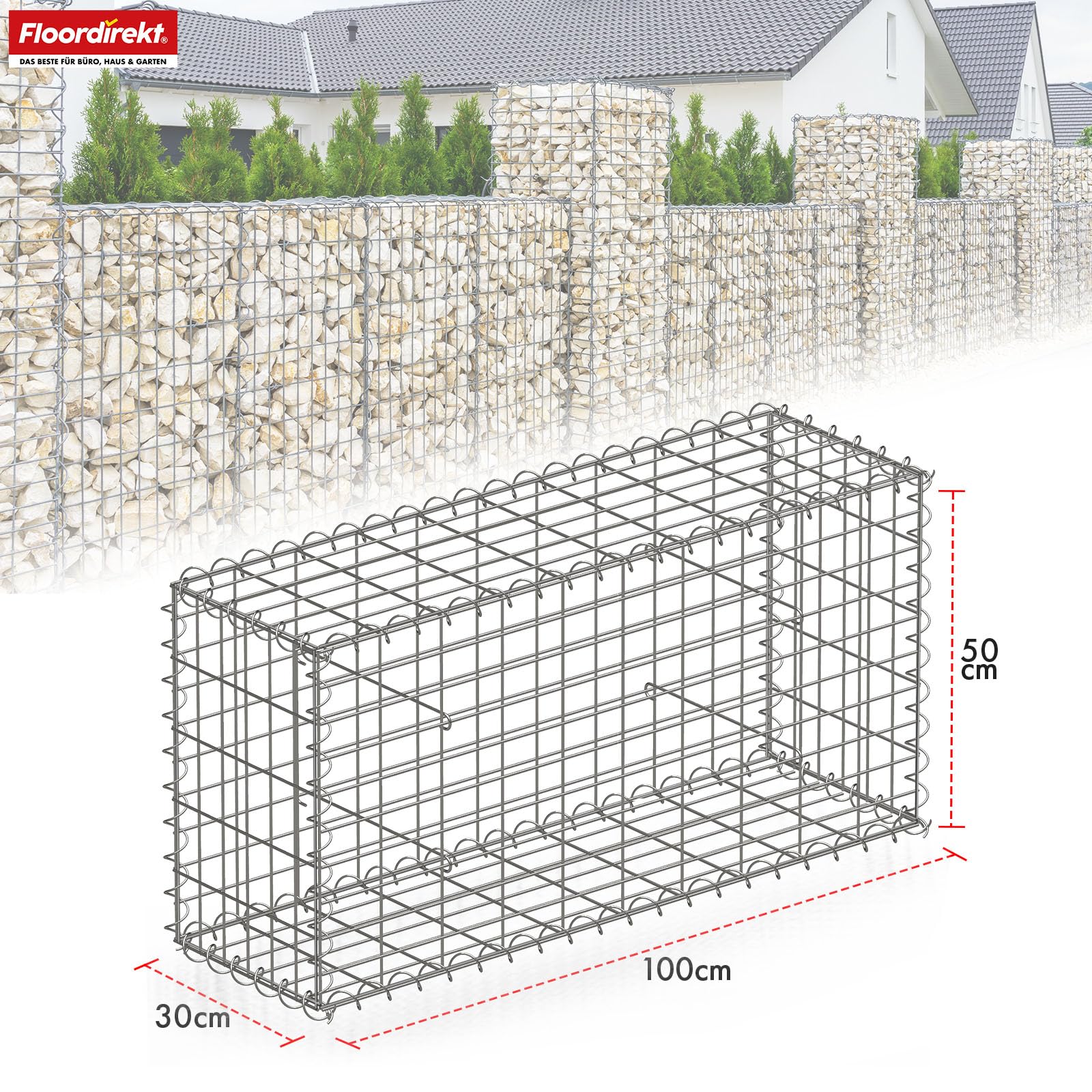 Floordirekt Gabione, Cesta de piedra de metal, 100 x 50 x 30 cm, cesta de alambre galvanizado con malla de 5 x 10 cm, pared de piedra como valla de jardín, rejilla de gaviones como protección visual
