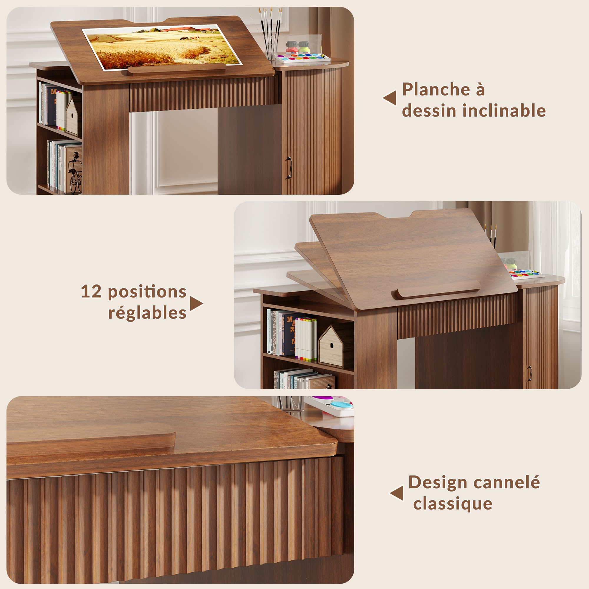 Table à Dessin inclinable avec rangements, Effet Bois