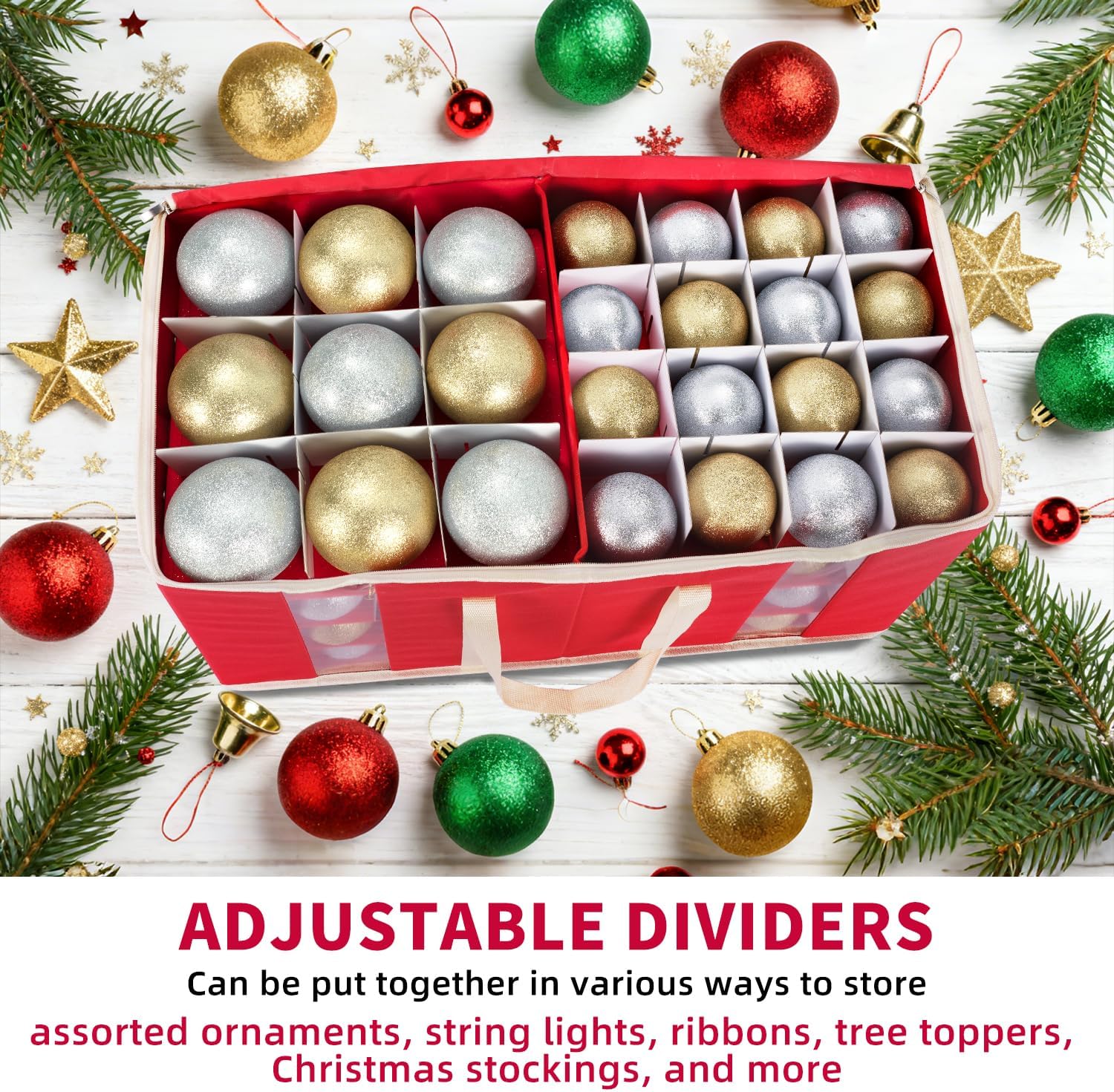 Large Christmas Ornament Storage Box With Adjustable Dividers,Ornament Storage Container with Two Handlesfor 128 Holiday Decorations,Red - Image 5