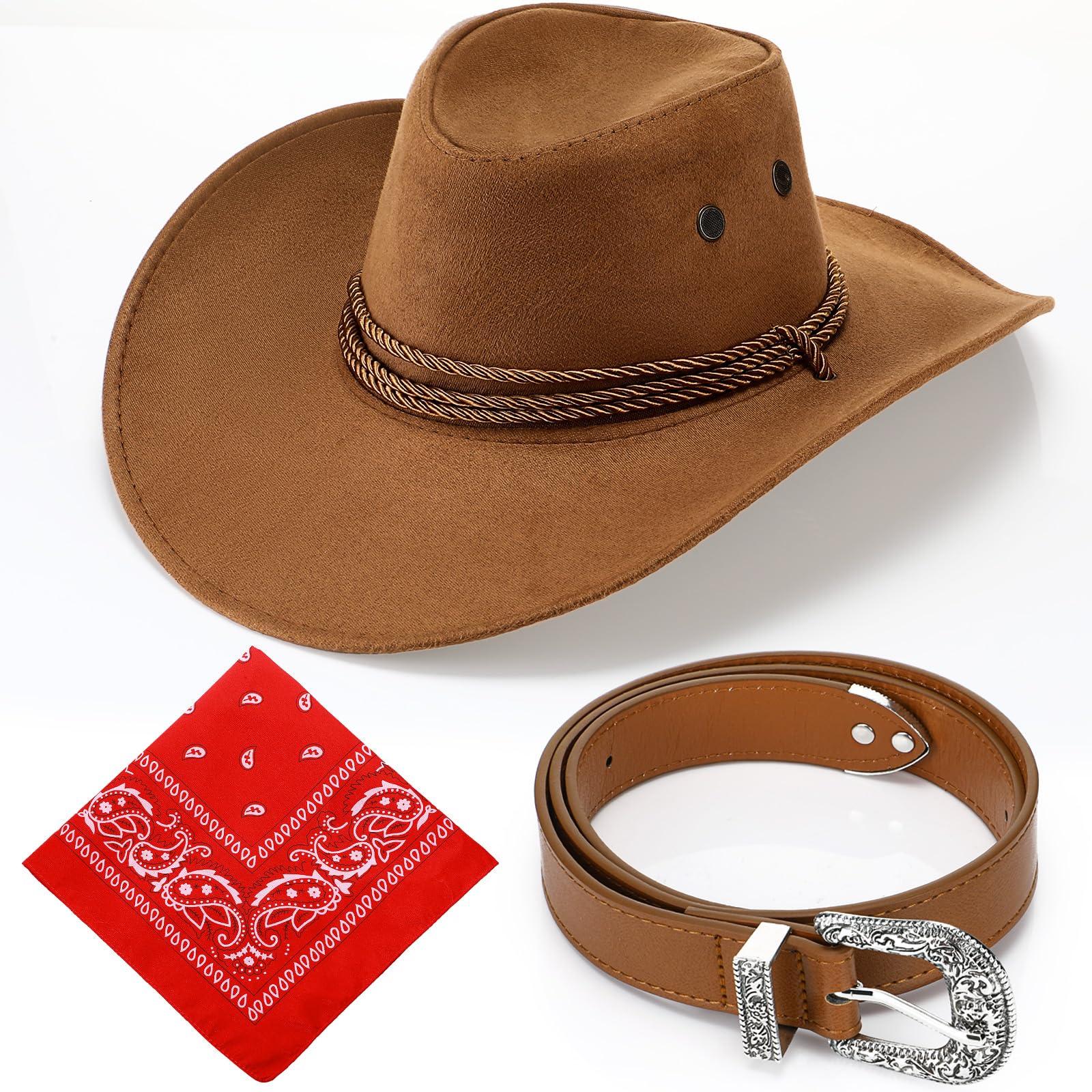 Haysandy Halloween 3 Pcs Cowboy Hat with Wide Brim Bandana Belt
