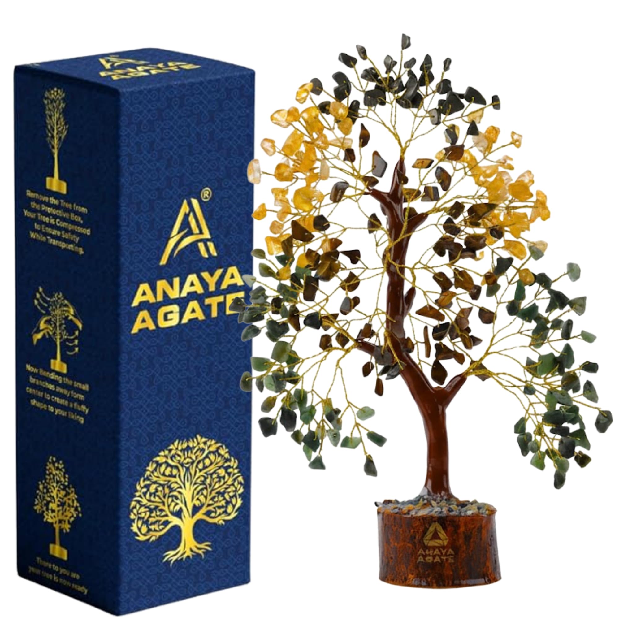 Money Wealth Crystal Tree Set with Tree of Life Citrine, Pyrite, Tiger Eye & Green Aventurine, Chakra Healing Gemstone Trees for Prosperity, Success, Good Luck & Positive Energy