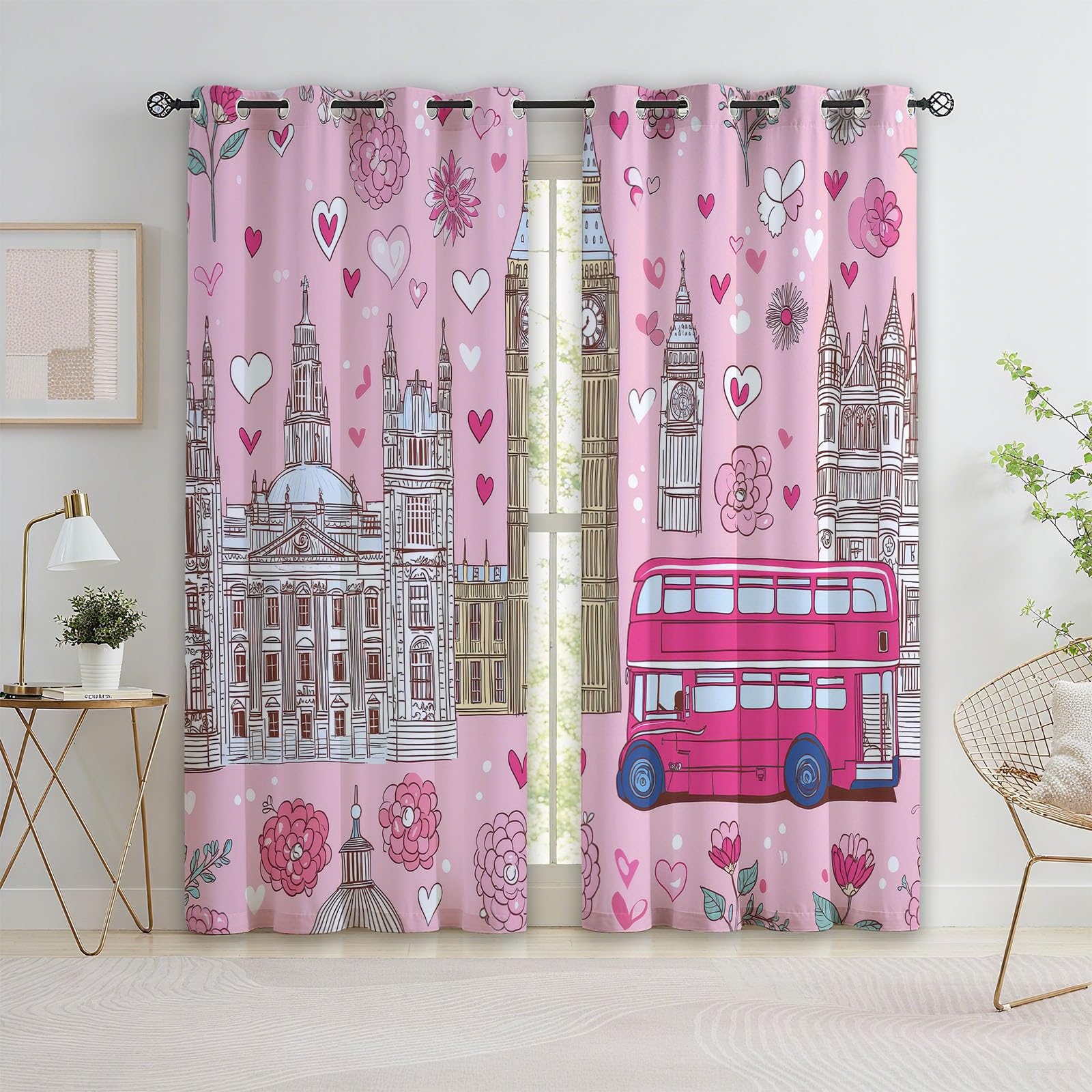 Caricatura Cortinas de Ventana 140 x 260 cm (2 Paneles), Opacas Térmicas Aislantes del Frío y del Calor Edificios Urbanos Rosas Autobús Flores para Dormitorio o Sala de Estar Decoración de Habitación