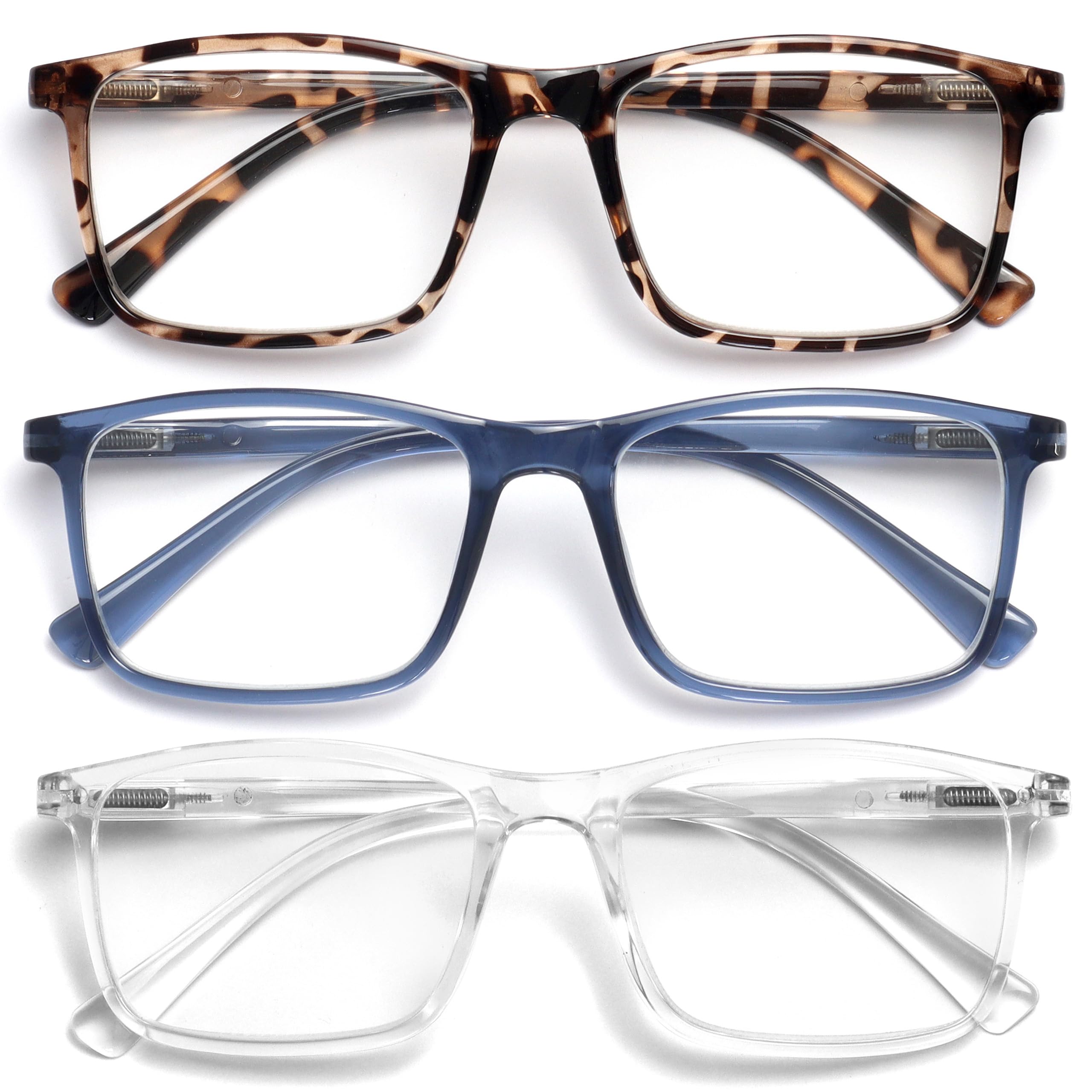 OPULIZE INK Reading Glasses for Women Men, Large Rectangular Frame with Spring Hinges & Scratch Resistant, Brown Tortoiseshell Blue Clear, +2.5(Pack of 3)