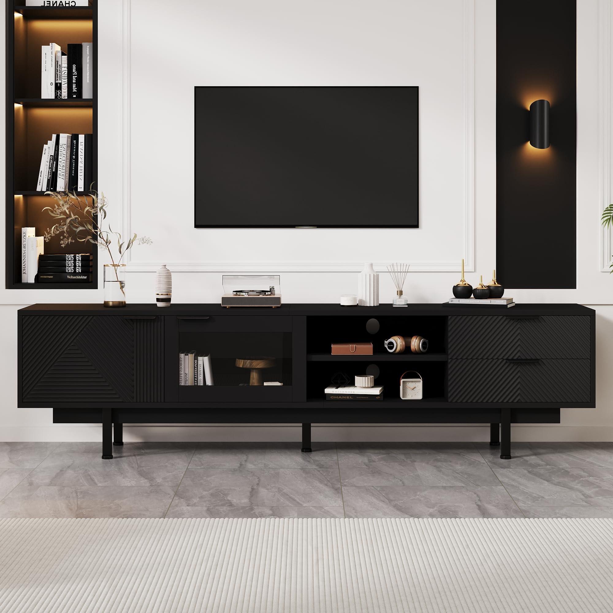 Mueble bajo para TV de 200 cm con 2 puertas y 2 cajones, elegante armario para TV de 80 pulgadas, para salón, mesa de TV, soporte de TV, color negro