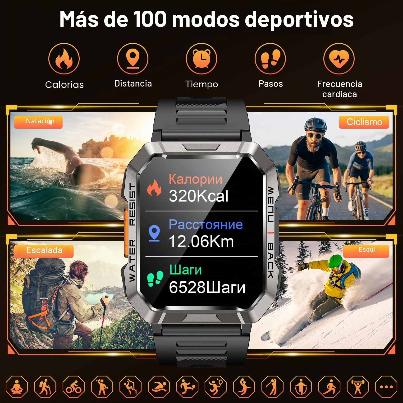 Reloj Inteligente Hombre, W60 Smartwatch Hombre con Linterna y Brújula, Smartwatch con Llamadas Bluetooth, Batería Grande de 900 mAh, 100+ Modos Deportivos, Pulsera Actividad Impermeable IP68