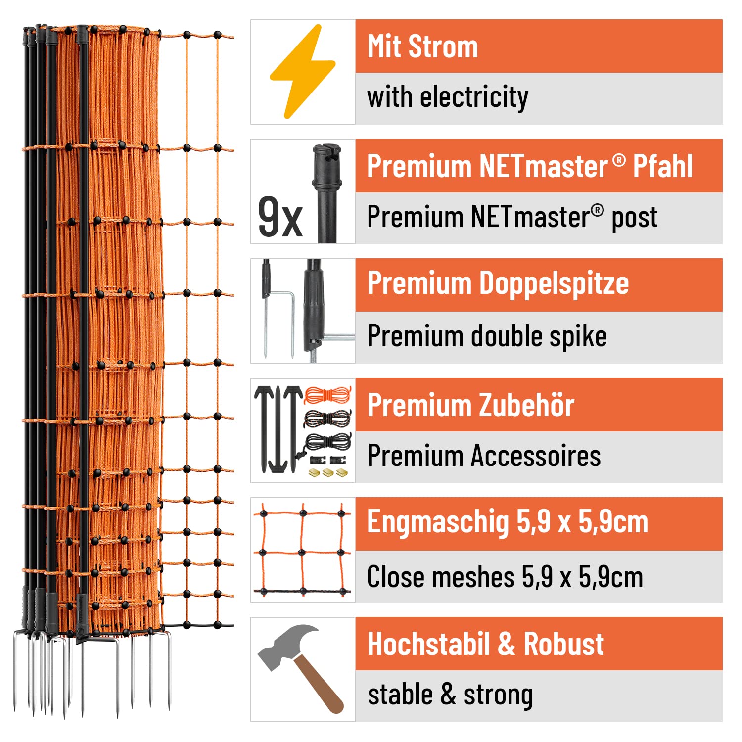 VOSS.farming farmNET 50m Elektronetz 112cm Hühnernetz Geflügelnetz Hühnerzaun Geflügelzaun 16 Pfähle 2 Spitzen orange