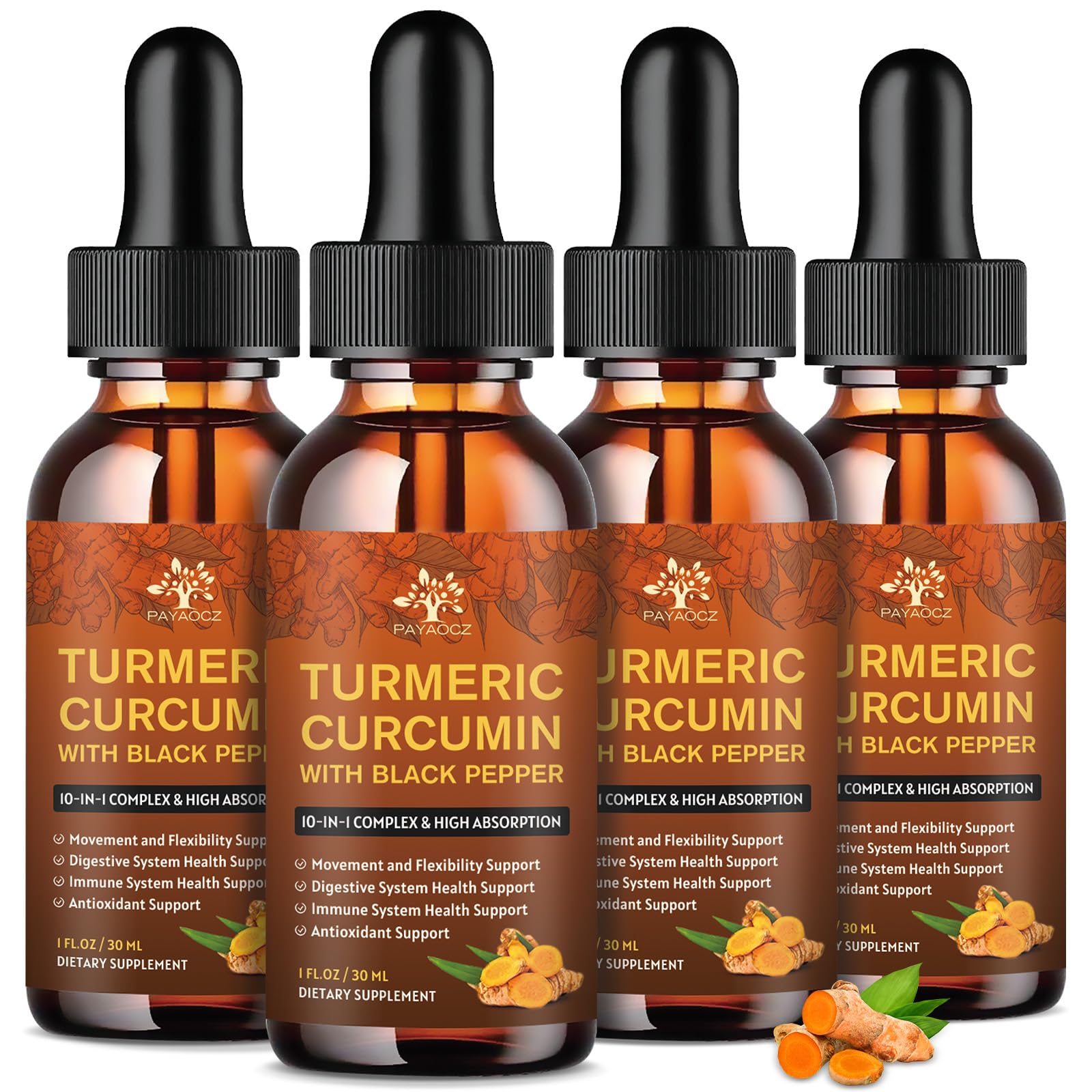 PAYAOCZ Suplemento de cúrcuma em gotas com cúrcuma, gengibre e pimenta-preta, 800 mg + 300 mg + 10 mg por porção, 4 frascos de 30 mL