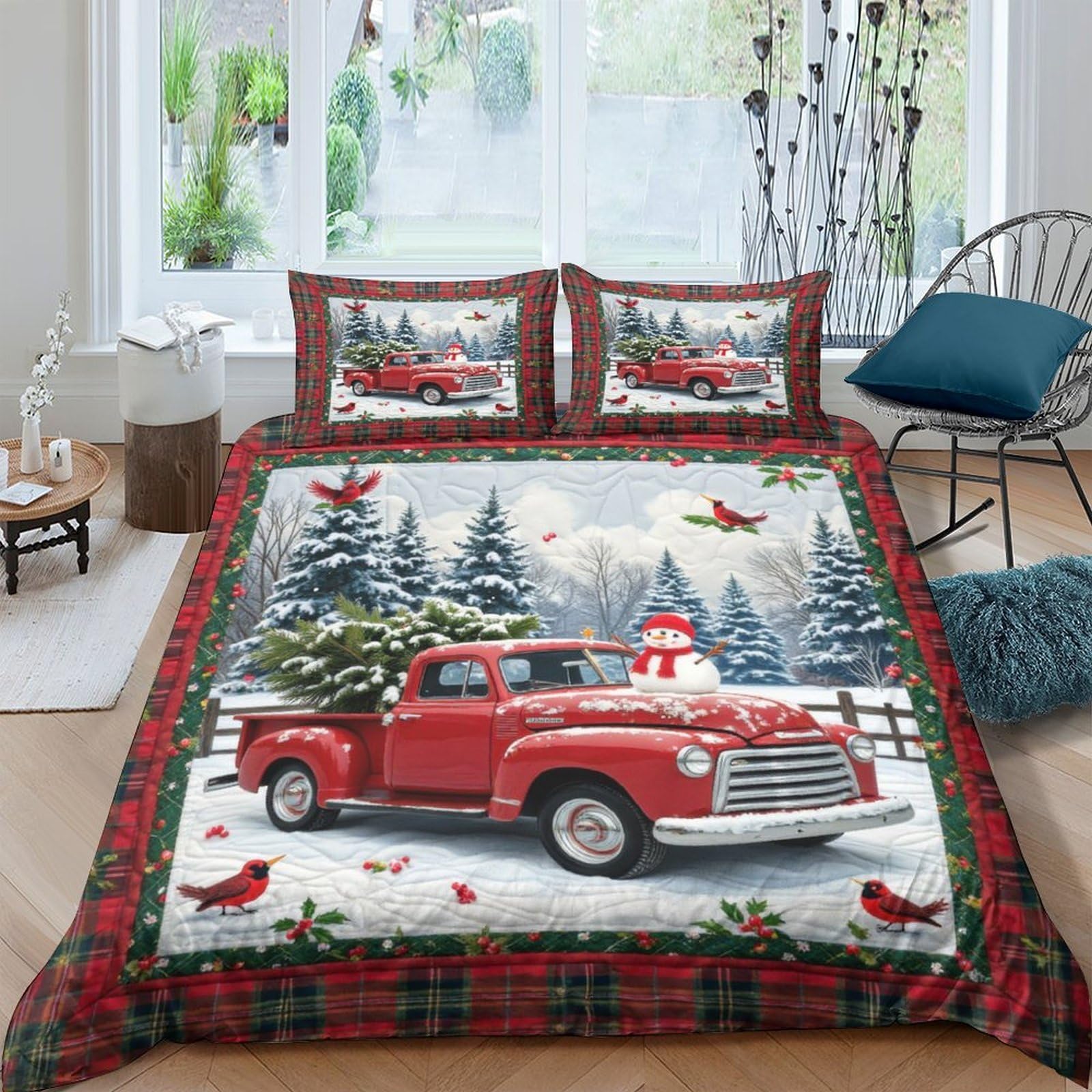 Ctjqhvkz Style-9 3D Printed Red Vintage Truck Fitted Sheet Microfiber Winter Forest Christmas Mattress Cover For Bedroom Guest Room Decor Single（135X200cm）