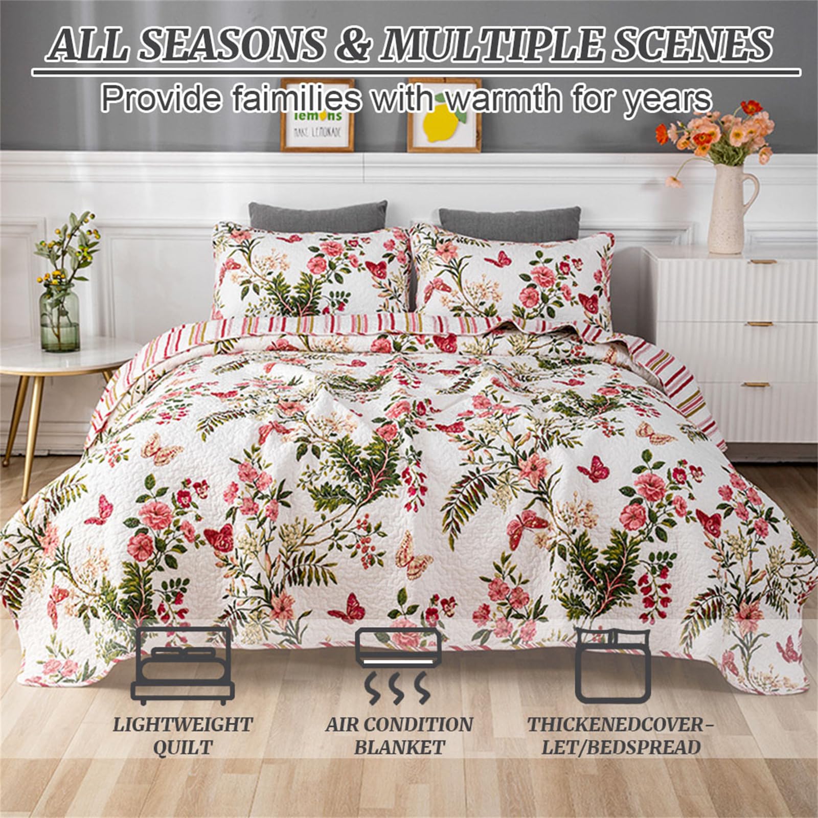 Odot Colcha Verano para Cama 230, Colcha Bouti Fina con 2 Fundas de Almohada Colcha Acolchado Ligera Suave para Colcha Cubre Cama Multiusos (230 * 250+50 * 70cm,Mariposa)