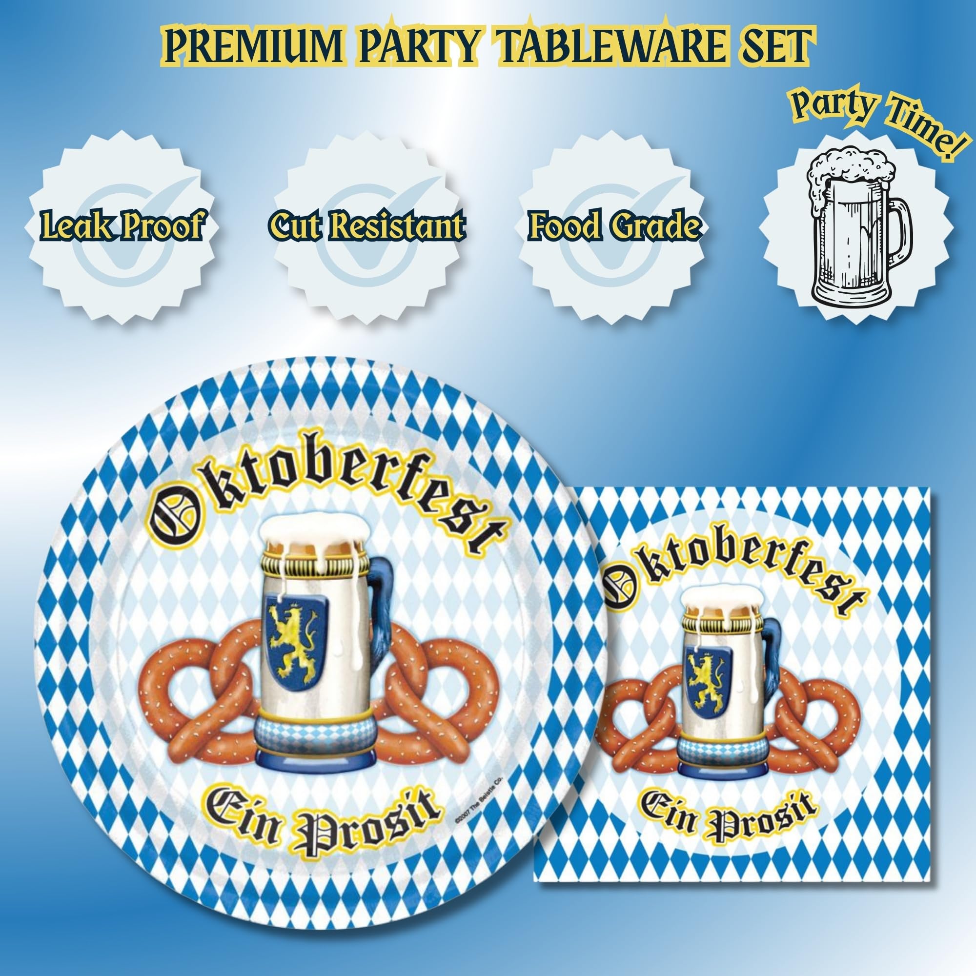 Oktoberfest artykuły imprezowe – papierowe talerze deserowe i serwetki do napojów w kolorze niebiesko-białej kratki (obsługa 16)