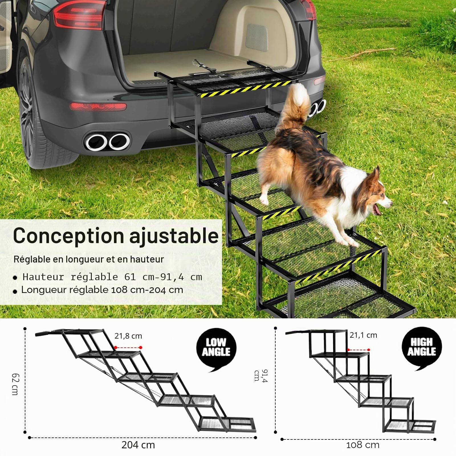 Rampe pour Chien Pliante 5 Marches Antidérapante pour Voiture SUV Camion Hauteur Réglable 35-90cm Support 100kg