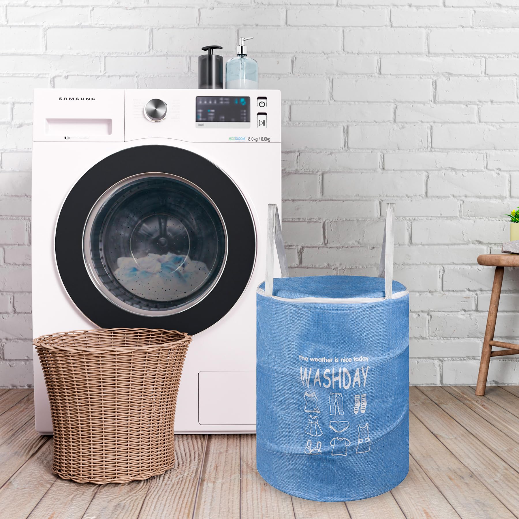 Kuber Industries Wäschekorb | Runder Faltbarer Wäschekorb | Jute Aufbewahrungstasche mit Knopfgriffen | Kleiderkorb für Zuhause | Spielzeug Aufbewahrungskorb | 45 Liter | 2 Stück | Blau