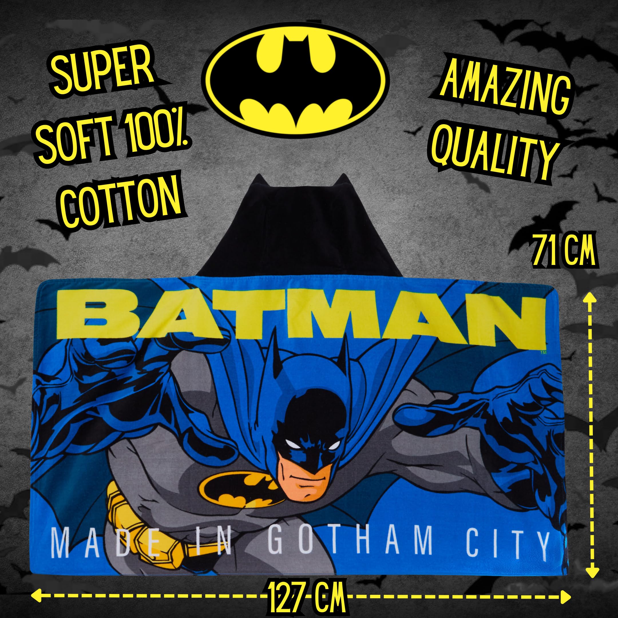 DC Comics Asciugamano con cappuccio Batman 100% cotone Poncho per bambini Asciugamano da spiaggia per ragazzi Asciugamano da bagno Copertura per nuotare Accappatoio