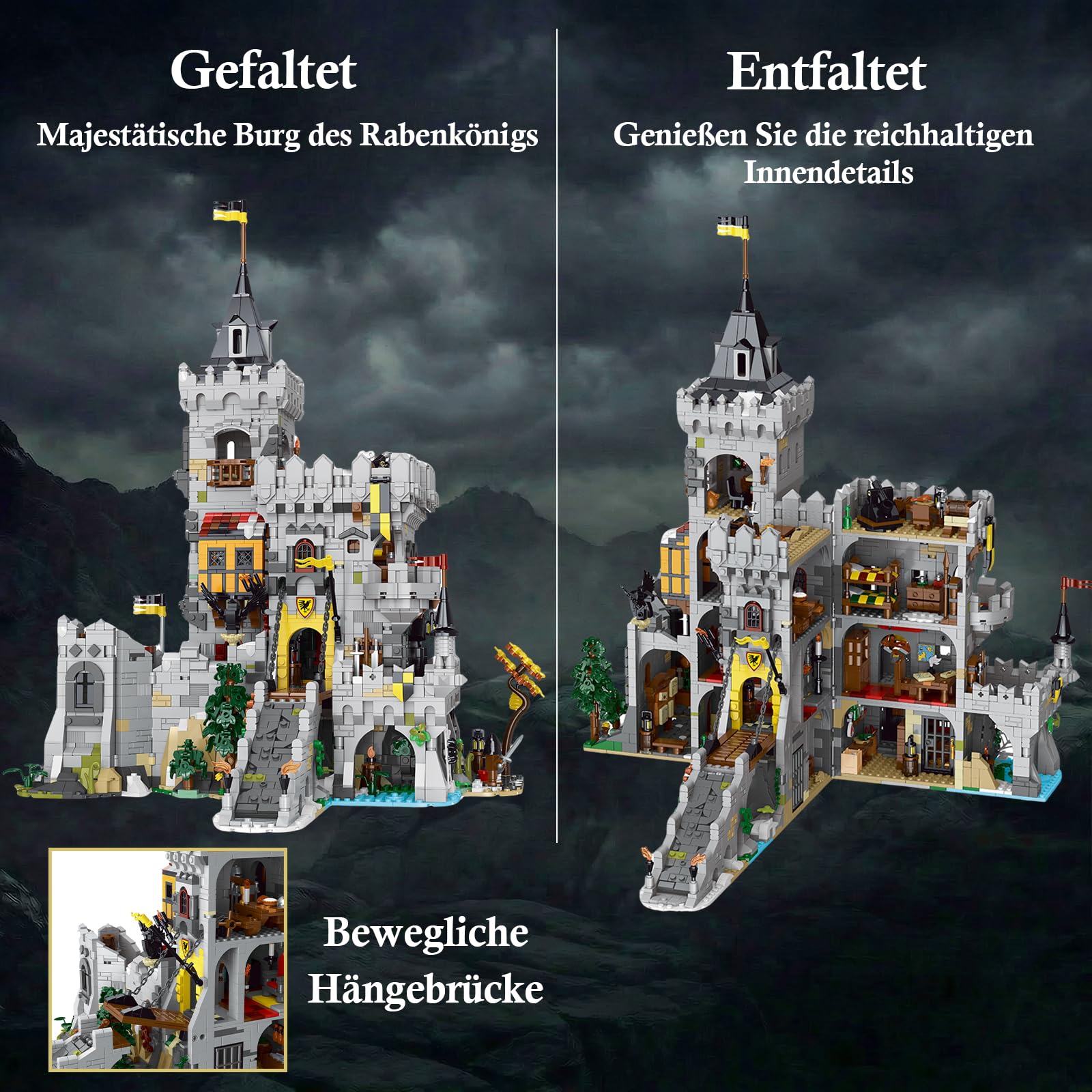 3 in 1 Raven King's Castle Klemmbausteine Burg 4961 Teile | Mittelalter Schloss Bauset, Medieval Wikinger Modular Buildings für Erwachsene, Kompatibel mit Barweer BWR009