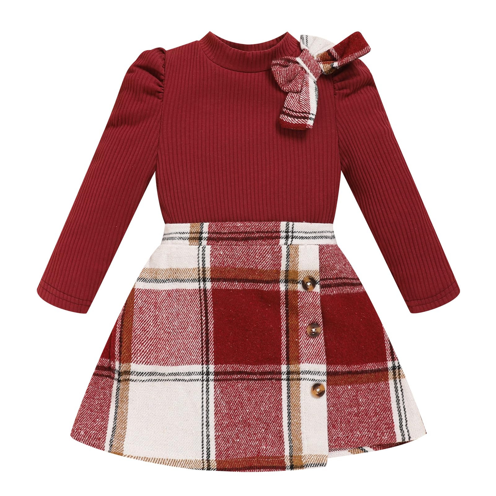 Toddler Girl Plaid Outfits Fall Winter Dress Knit Ribbed Bow Sweatshirt Tops and Button Fashion Skirts Set