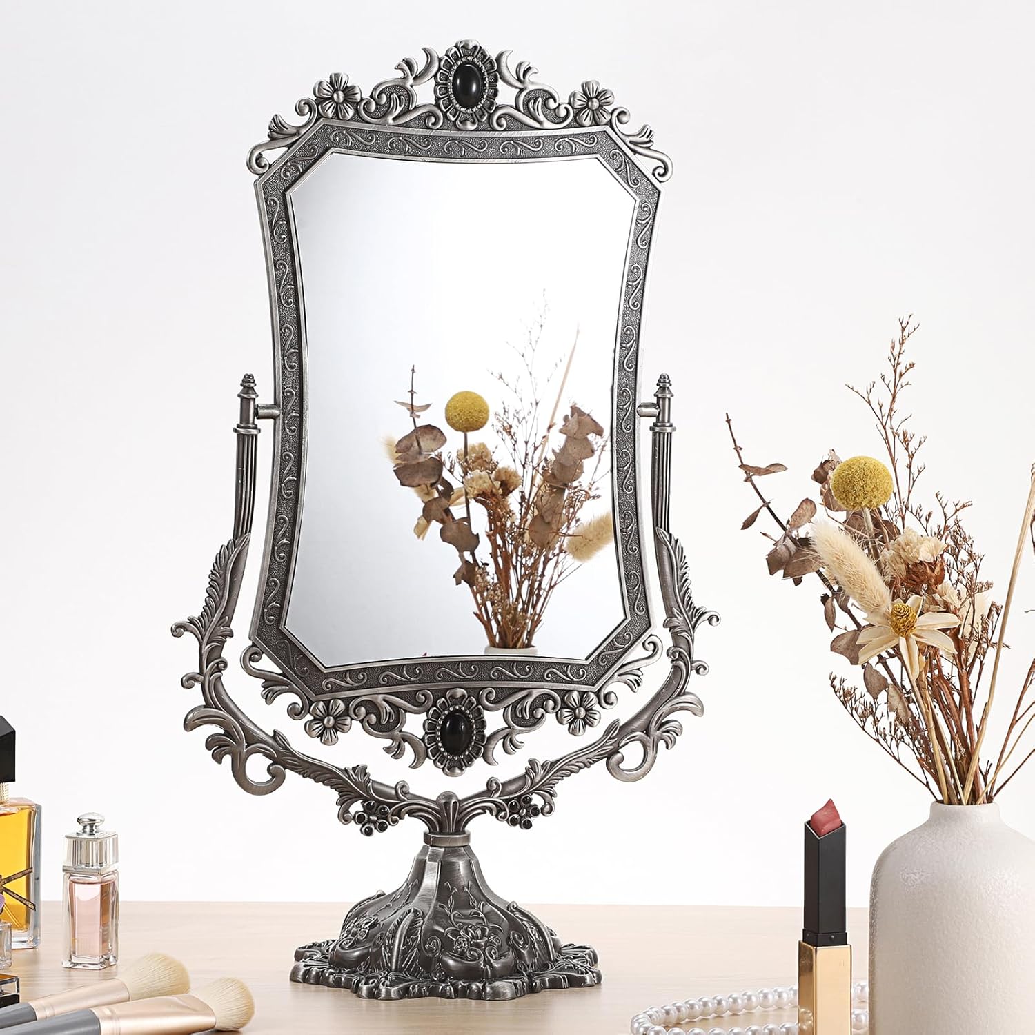 JUXYES Metal Tabletop Antique Decorative Makeup Mirror with Stand, Vintage 360° Swivel Double Sided Cosmetic Mirror with Frame, Retro Desktop Dressing Mirror Magic Mirror for Dresser