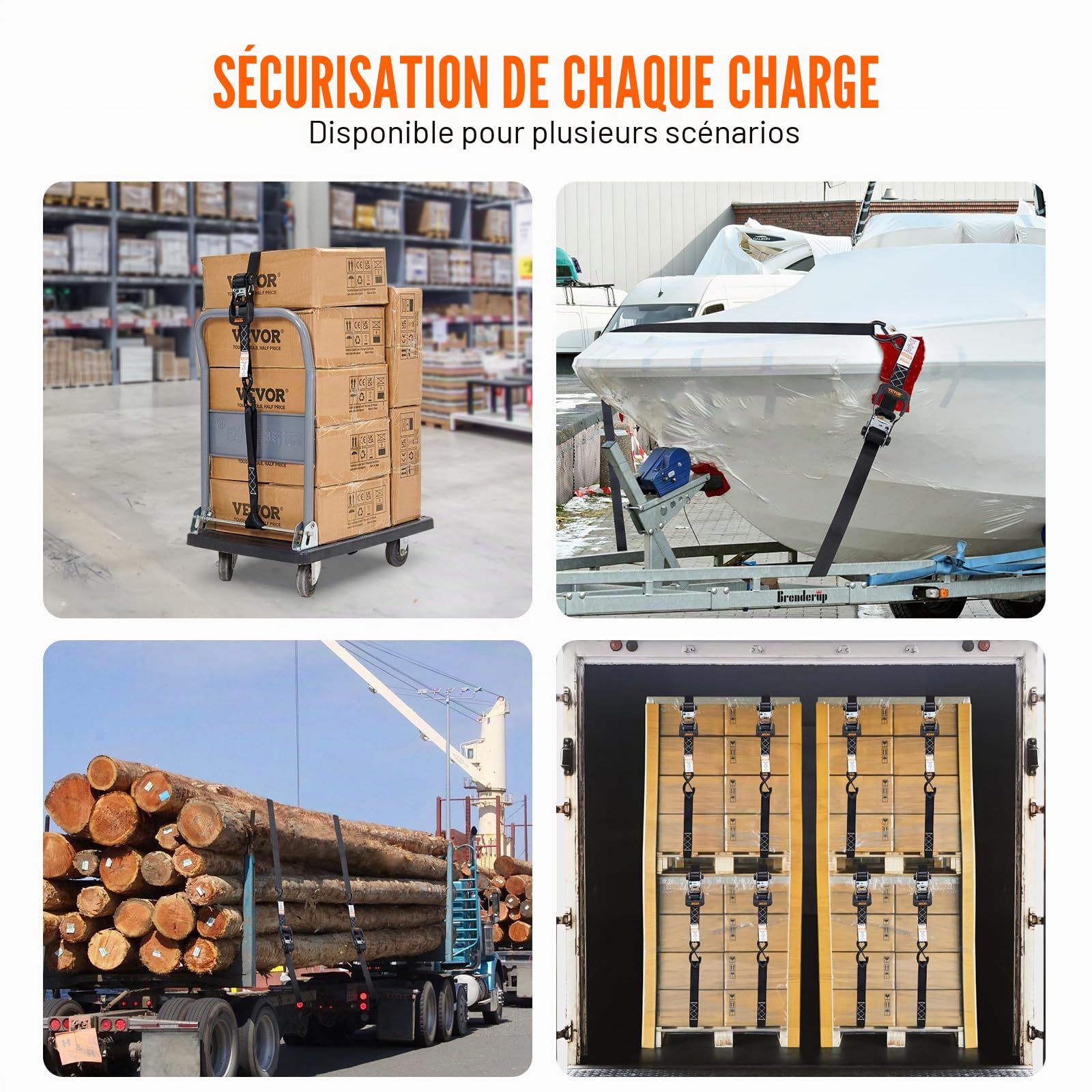 VEVOR Sangle à Cliquet Lot de 4 Sangles d'Arrimage Résistance à la Rupture Maximale 2362 kg 0,04x2,4 m pour Sécuriser Cargaisons, Appareils Électroménagers, Équipement de Jardin, Motos, Déménagement