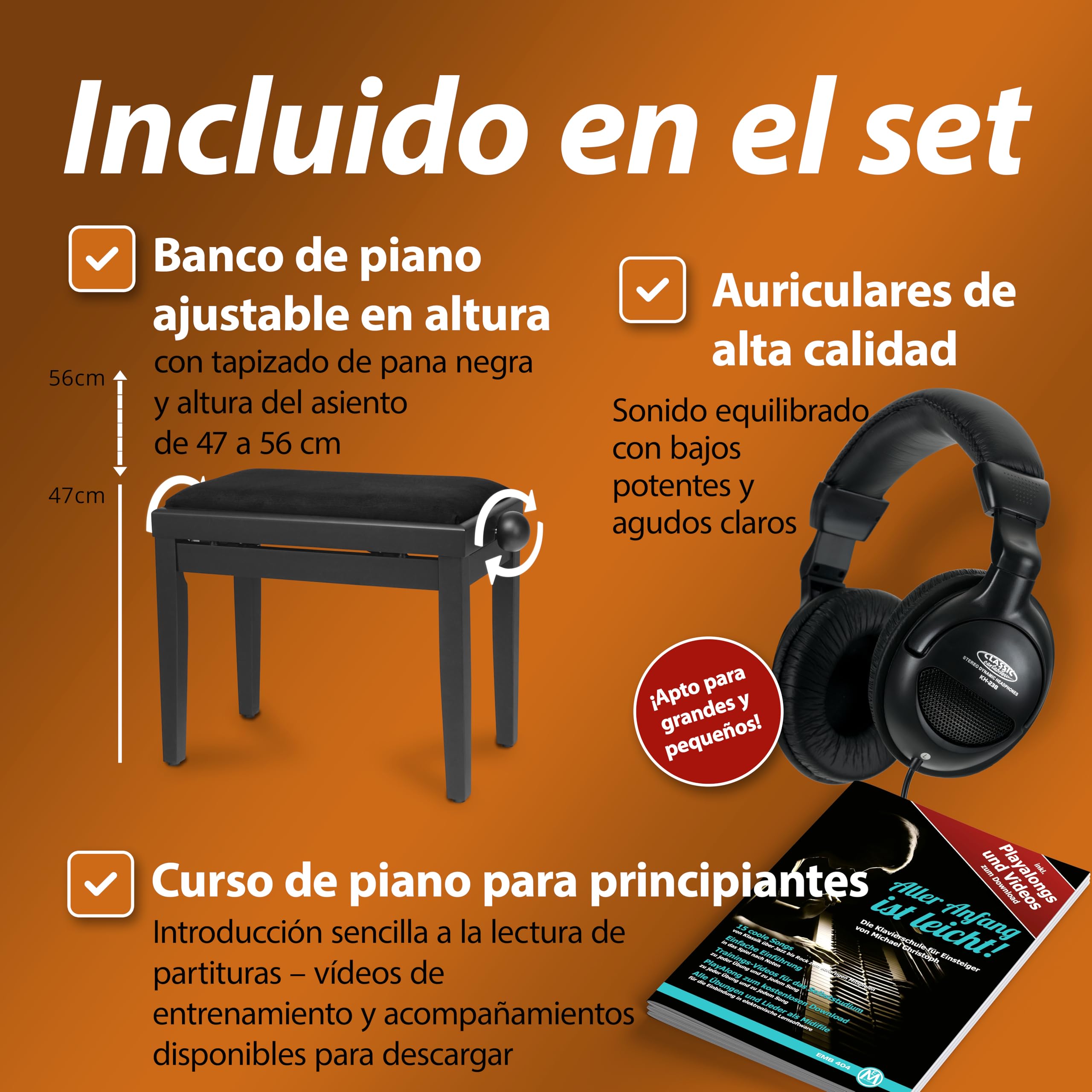 Classic Cantabile DP-50 Piano digital 88 teclas con mecanica martillo - Teclado electronico USB, 32 polifonía y funcion Twin-Piano - Organo musical para ninos - Set con banqueta y auriculares - Negro