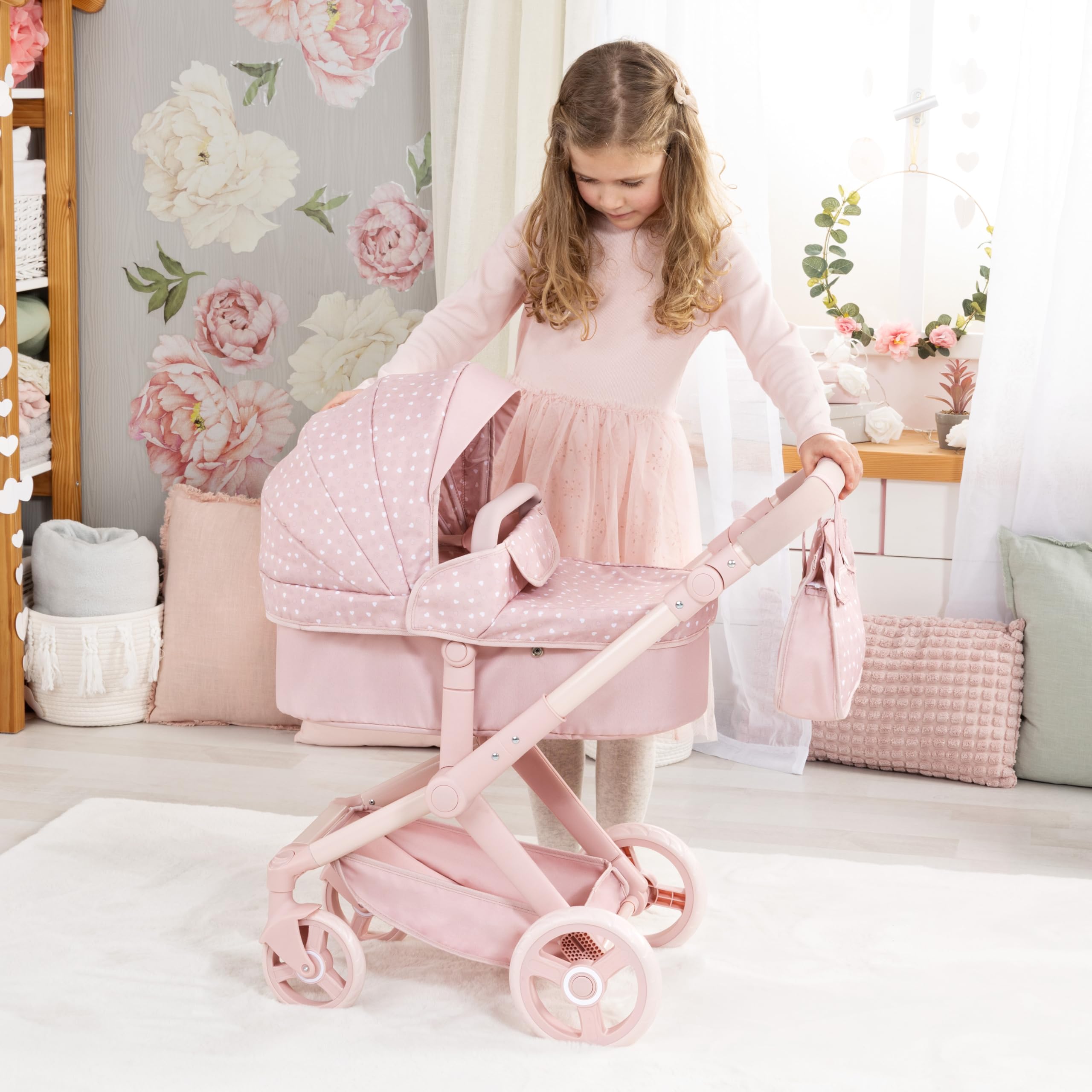 Bayer Design Puppenwagen Xeo mit Tasche, höhenverstellbar, wandelbar | wandelbar als Puppenjogger, Schwenkschieber, verstellbarer Griff, bewegliche Vorderräder, integrierter Korb