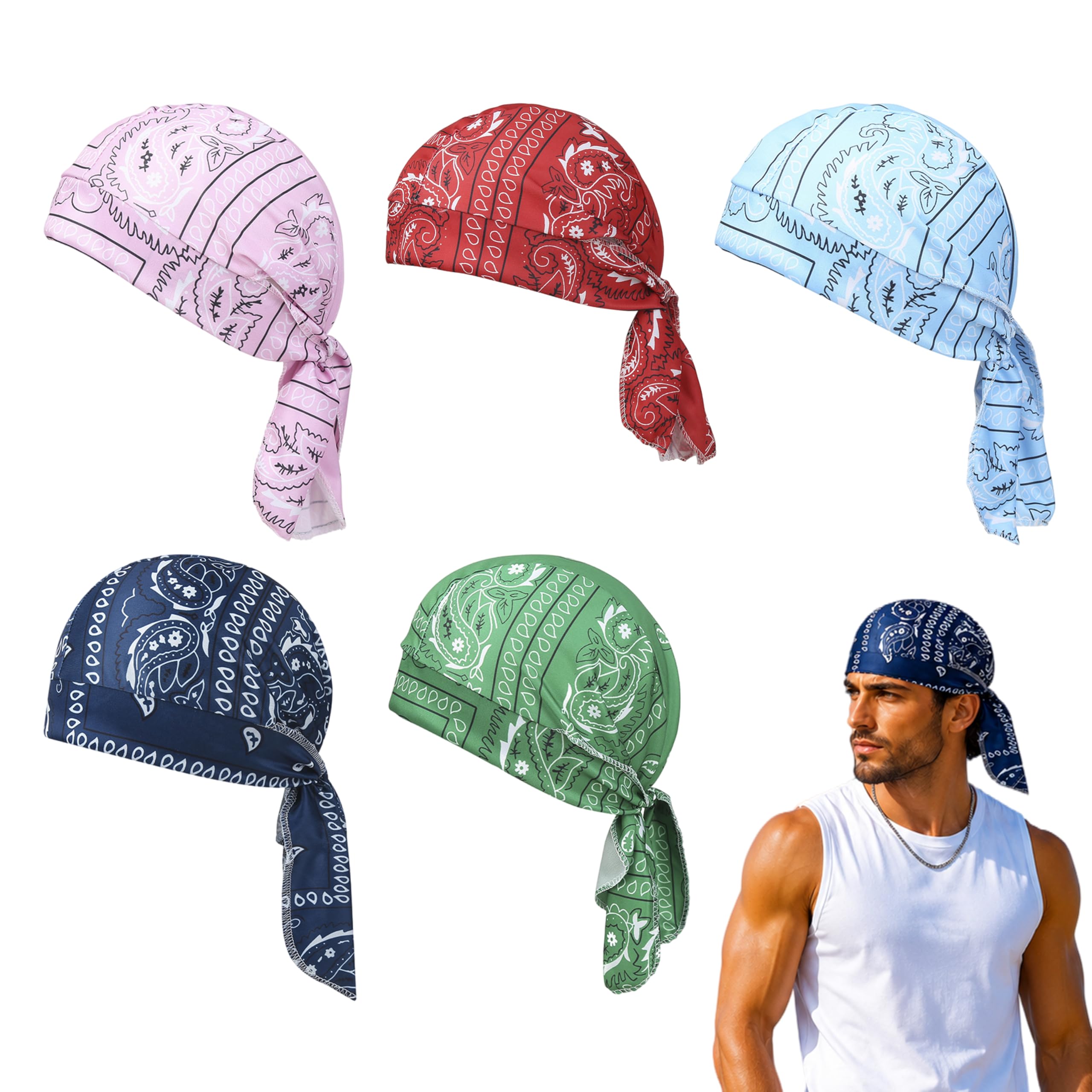 Generisch 5 Stück kühlendes Kopftuch Bandana, elastische Passform 55-60cm, schnelltrocknend und atmungsaktiv, praktisches Helm-Innenfutter, vielseitiger Kopfwickel für Sommer(