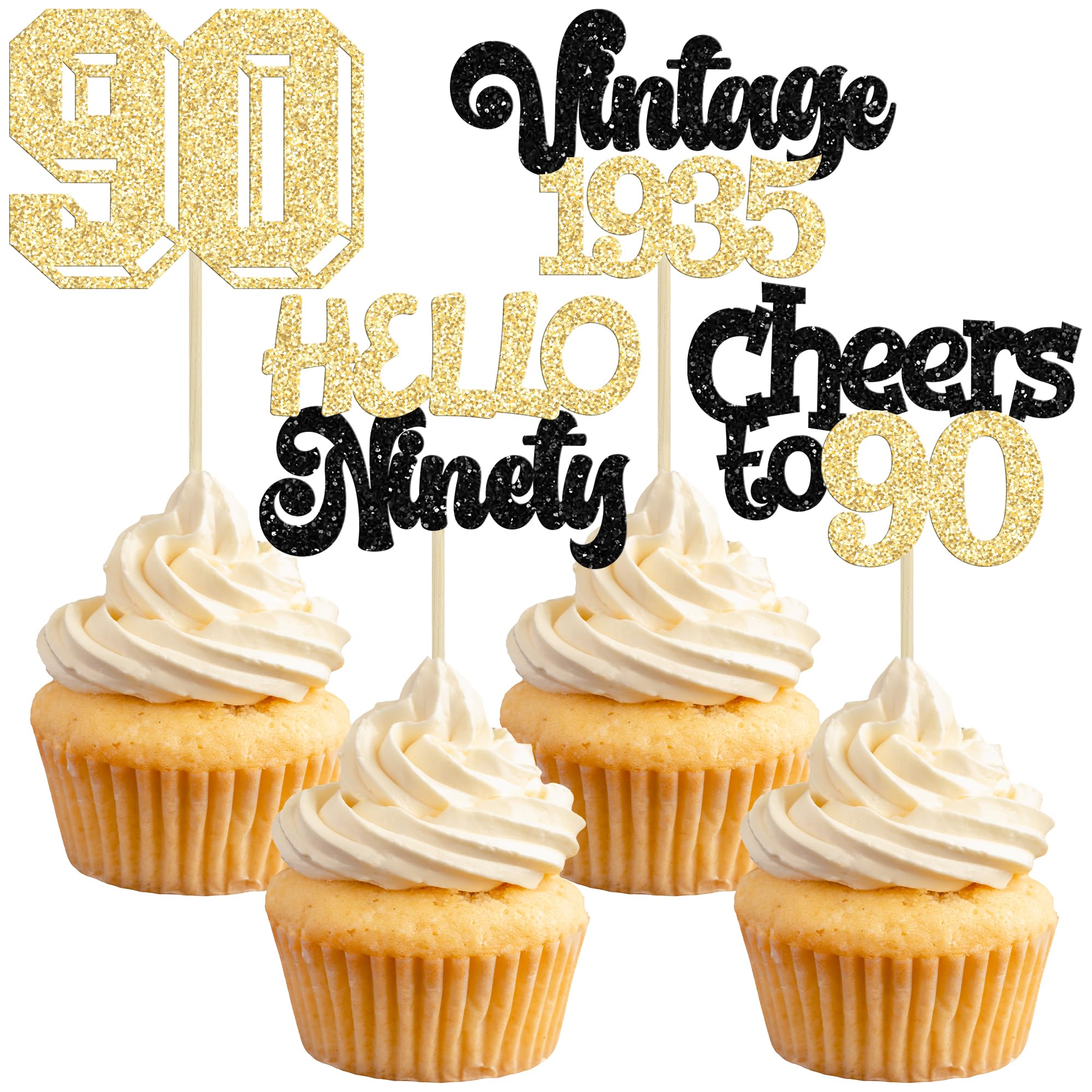 Gyufise 24Pcs Happy 90th Birthday Cupcake Toppers Star 90 Hello Ninety Vintage 1935 Cupcake Picks Cheers to 90 Years Decorations for 90th Birthday