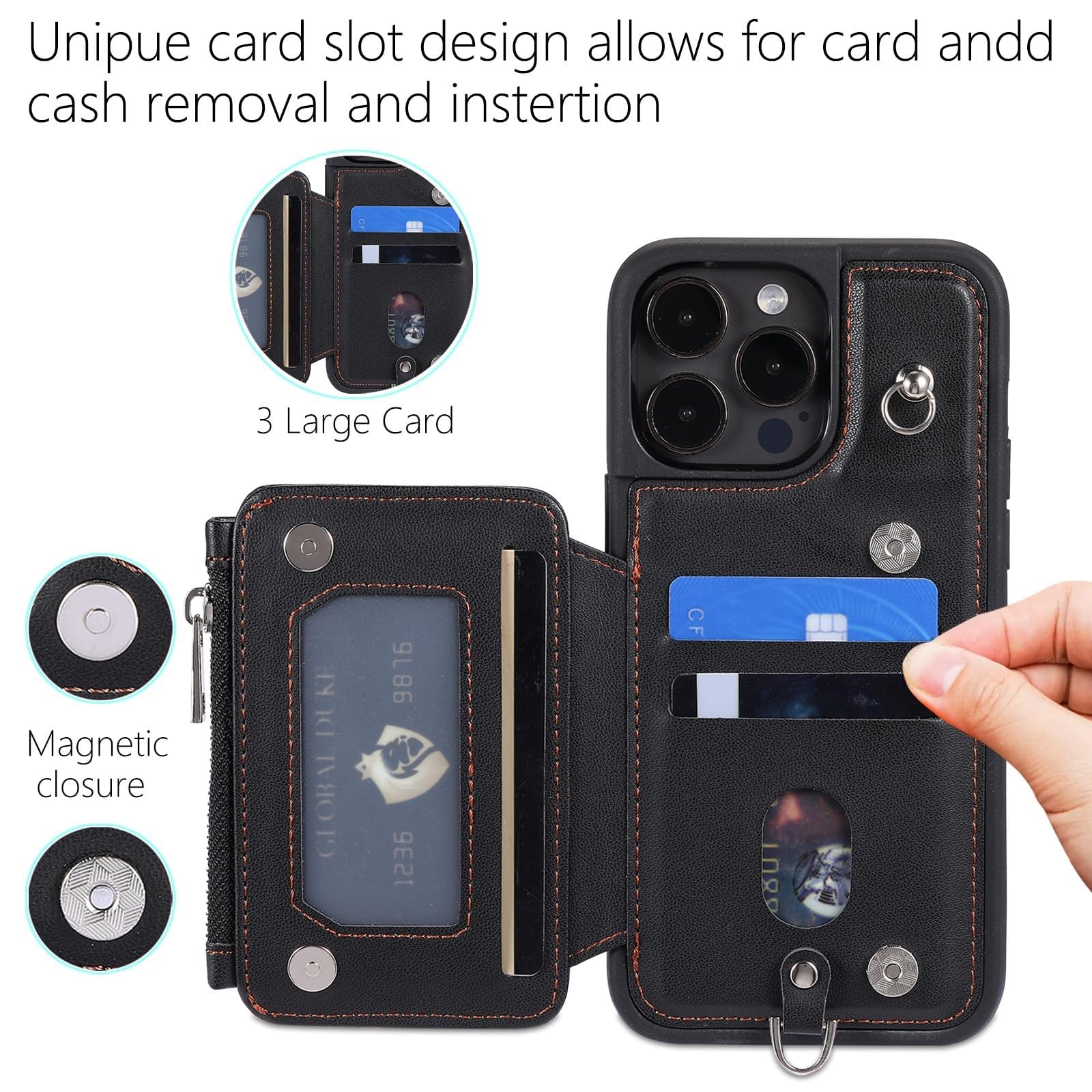 Genérico Funda para iPhone 16 Pro Max/16 Pro/16 Plus/16, Funda Piel Suave Al Tacto Funda con Ranura para Tarjetas Y Correa para La Muñeca, Resistente A Los Golpes Carcasa(Pink,16)