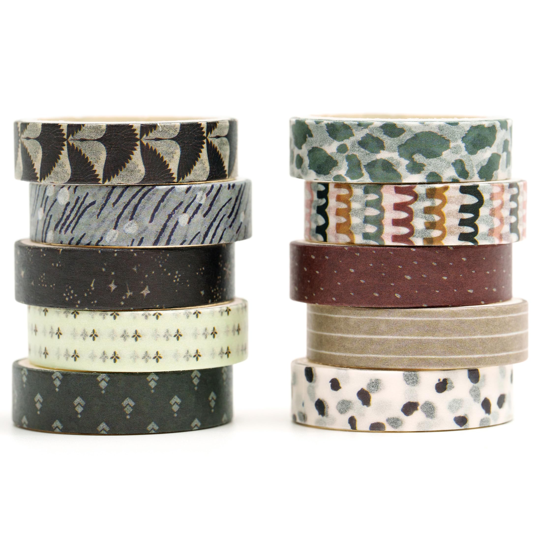 Set 10 Rotoli Washi Tape Con Distributore, Motivi Gold Film, Larghezze Varie (2/1.5/1 Cm), 3m Ciascuno