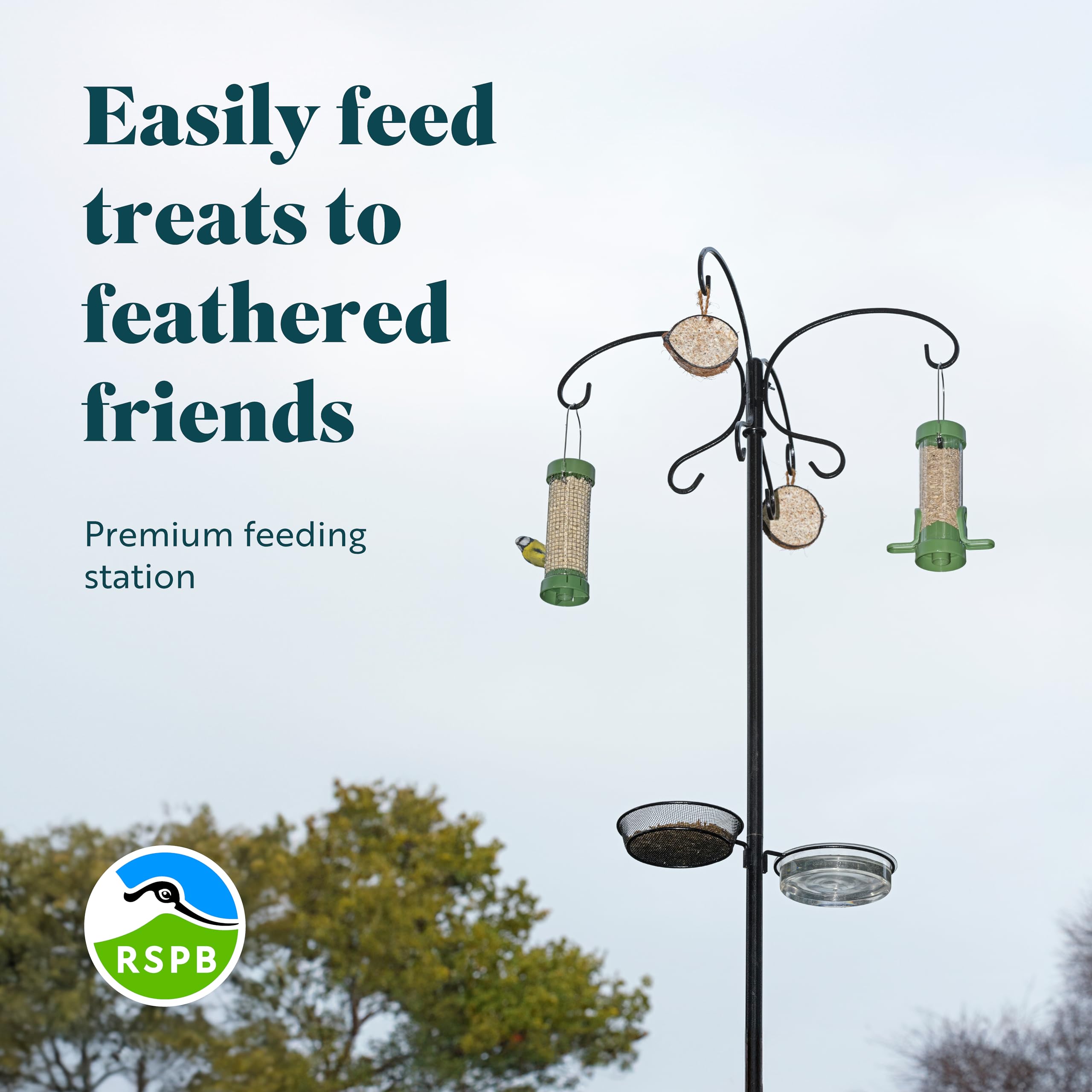 Wildvogel-Futterspender zum Aufhängen – Premium-Vogelfutterstation mit acht Haken, freistehende Metallstange für Garten und Außenbereich, inklusive Wasserschale und Futterschale (schwarz) (2,2 m x 25