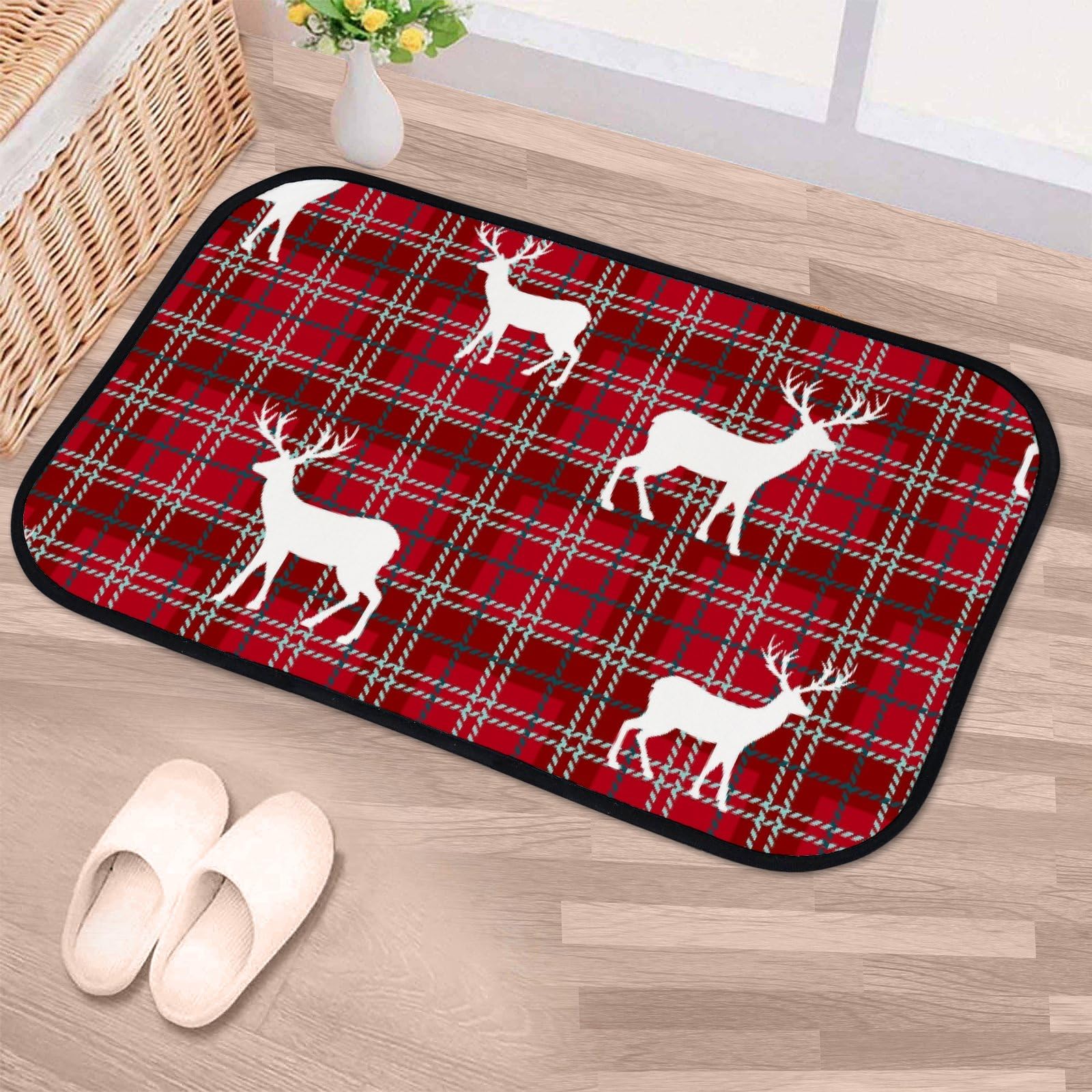Nuansexi Bathroom Rugs Traditional Pattern Deers Floor Mats Non Slip Bathmat Doormat Tub Mat Coral Velvet Absorbent Entrance Carpet Mats Machine Washable Bedroom Decor