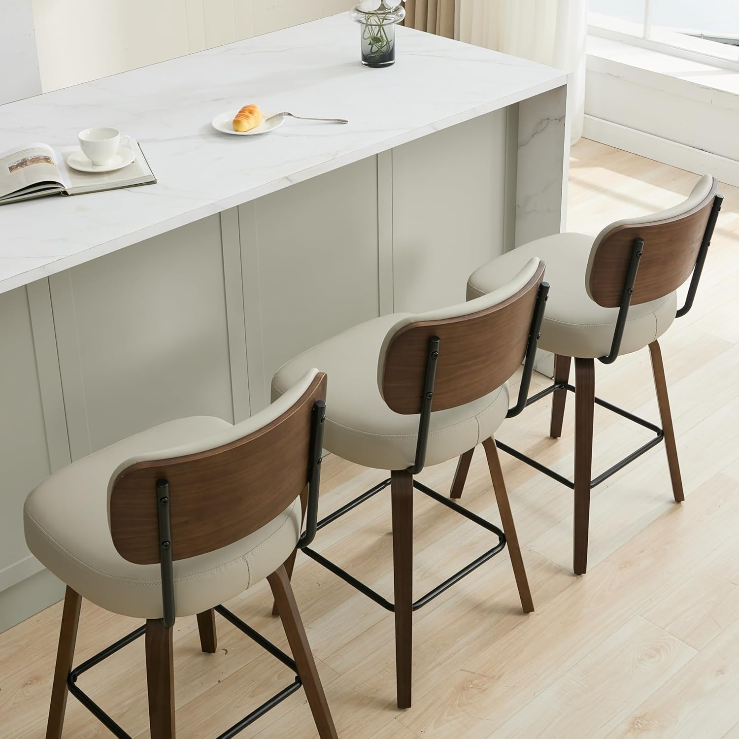 Swivel Bar Stools Set of 3, 26" Upholstered Counter Height Bar Stools with Back and Walnut Wood Legs, Faux Leather Barstools for Kitchen Counter, Beige Gray