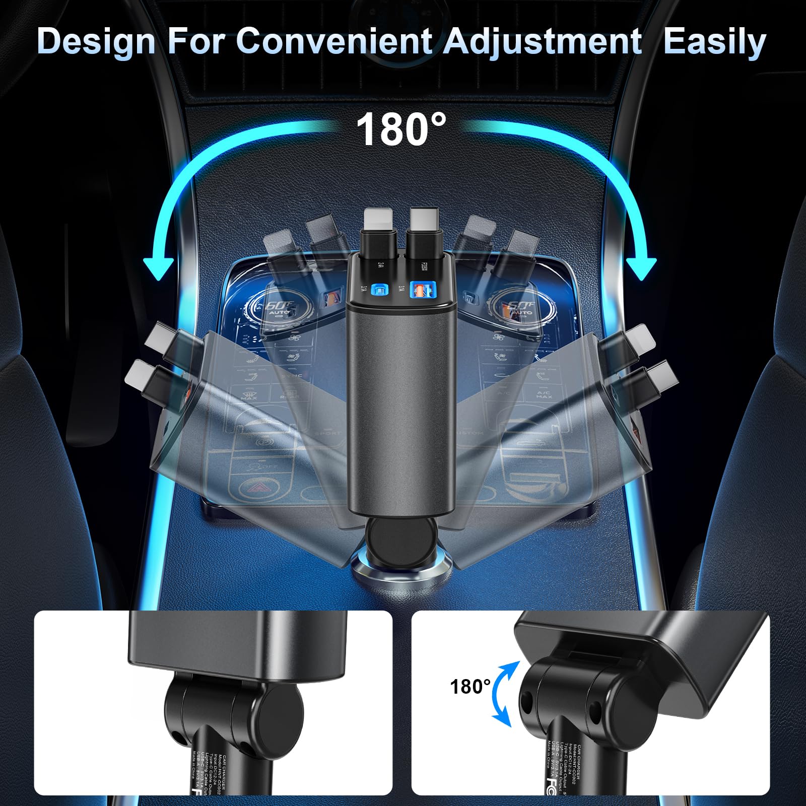 Cargador de coche retráctil USB C de carga rápida, adaptador de coche 4 en 1, cargador de teléfono para encendedor de cigarrillos de 77 W, cargador USB con cable USB C retráctil para iPhone 16/15/14