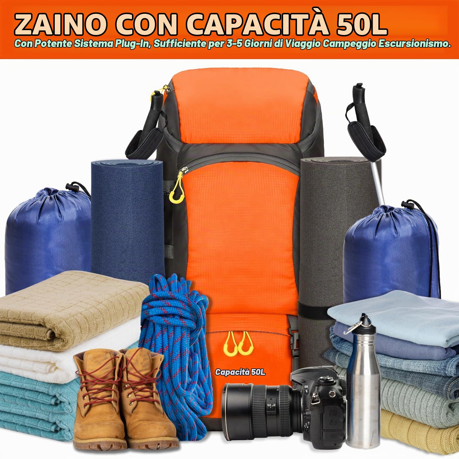 Jianyana Zaino Trekking 50L, Zaini da Escursione Impermeabile Resistenza allo Strappo Zaino da Viaggio all'aperto Zaino Campeggio Montagna con Copertura Antipioggia per Uomo Donna