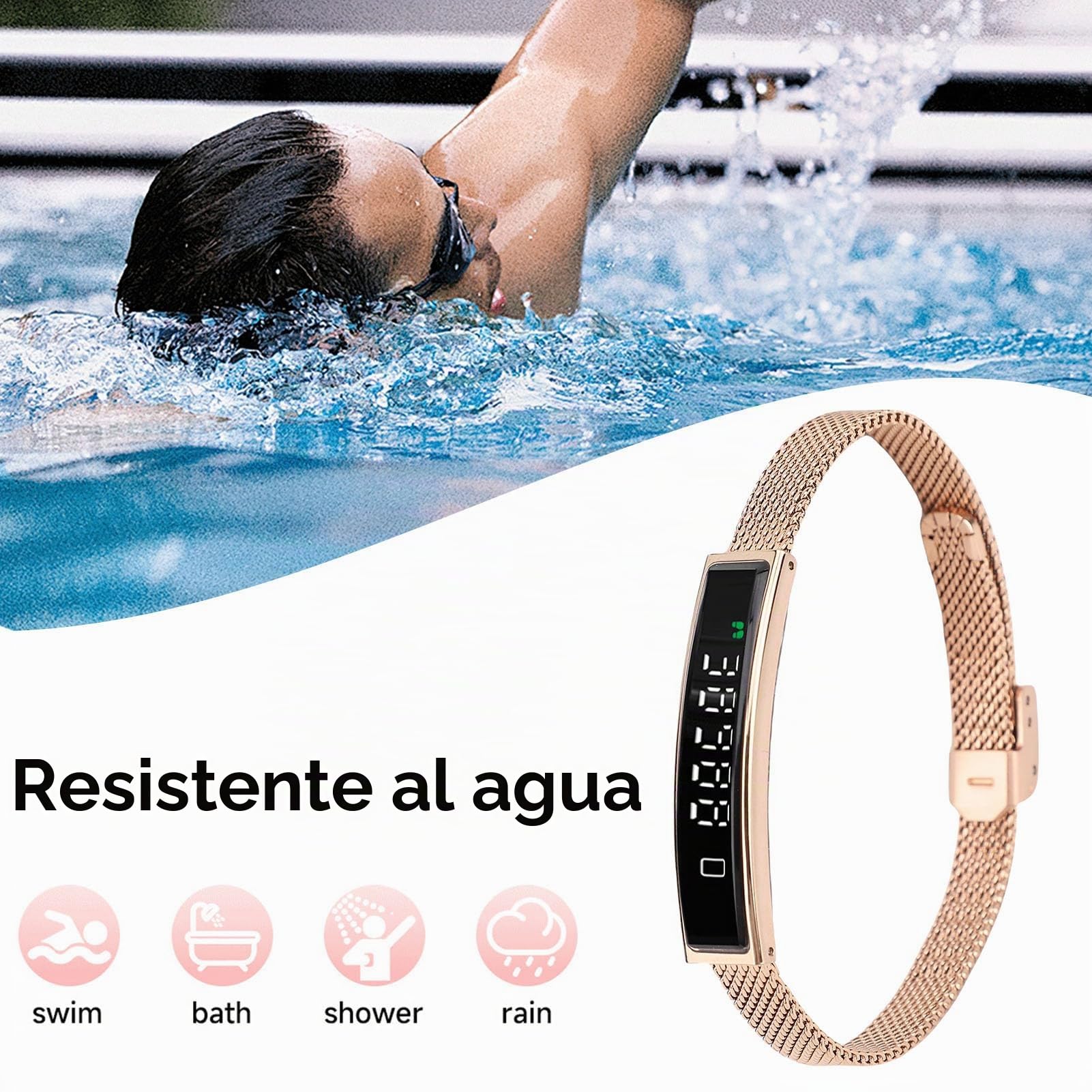 VBESTLIFE Pulsera Inteligente, Rastreador de Fitness con Bluetooth 5.3 para Android iOS, Pulsera de Salud a Prueba de Agua con Aplicación para Nadar en Ciclismo (Gold)