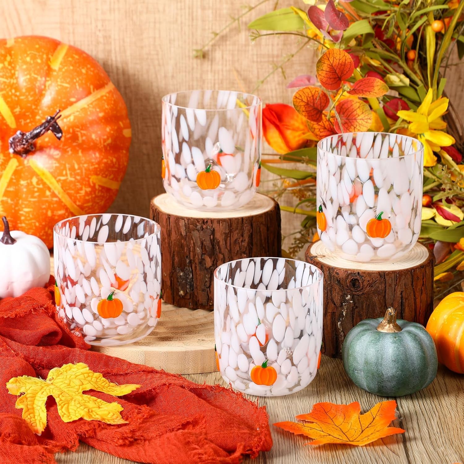 4 Pcs Thanksgiving Fall Icon Glass Cup 14 oz Icon Glass Cups Wine Stemless Double Old Fashioned Blown Cocktail for Women Friends Lovely Halloween Gifts(Pumpkin) - Image 8