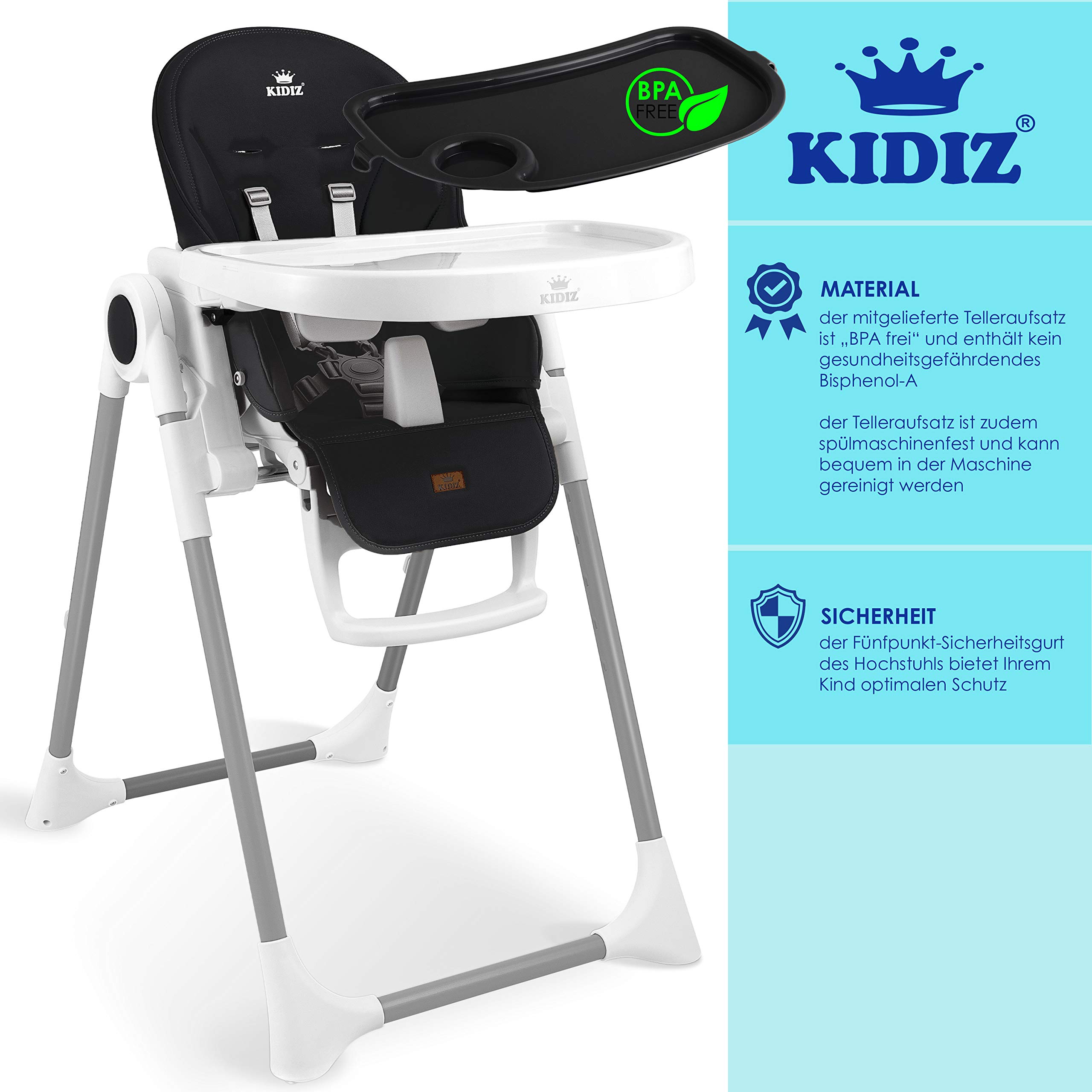 KIDIZ® 3 in 1 Seggiolone Seggiolone per bambini con barra dei giochi, Lettino per bambini, Seggiolone combinato Seggiolone per bambini, Schienale regolabile in 7 diverse altezze, nero