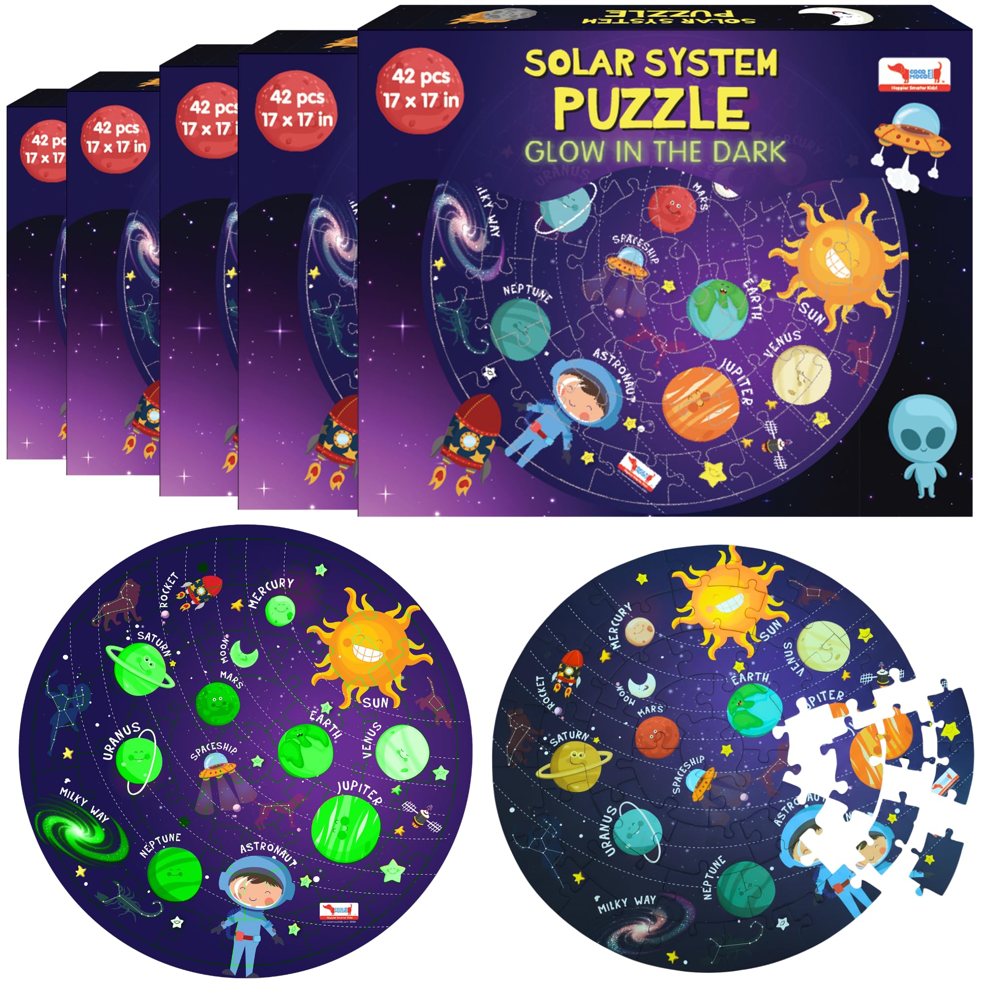 CocoMoco Kids Birthday Return Gifts for Kids Bulk Pack of 10 Pcs - Solar System Puzzle - Glow in The Dark - Educational Toy - Space Theme Birthday Decoration Ages 3-6 6-10 8-12 Years Boys Girls
