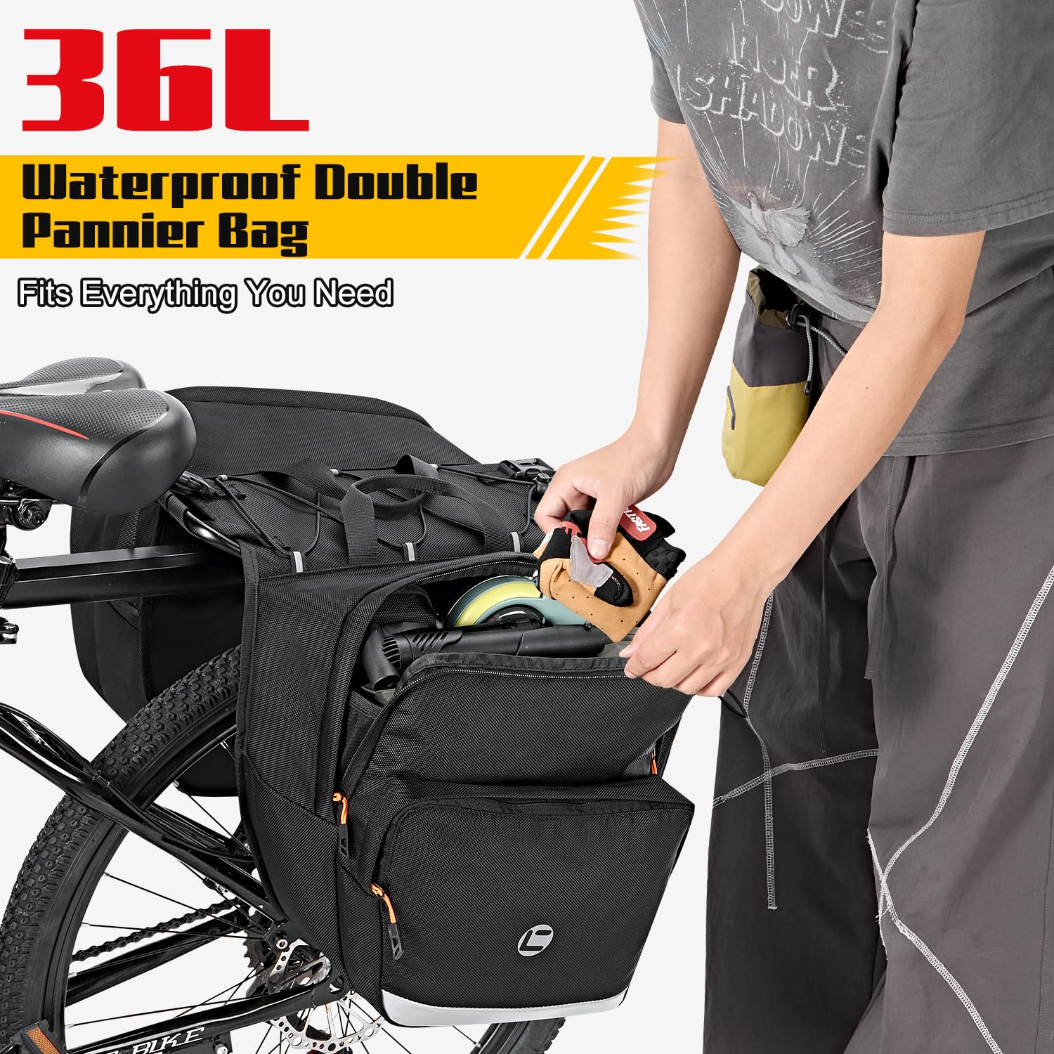 WOTOW Borsa da bici laterale - Borsa posteriore da 36L resistente all'acqua per portapacchi bici con strisce riflettenti e manici, borse da sella per bicicletta elettrica per ciclismo