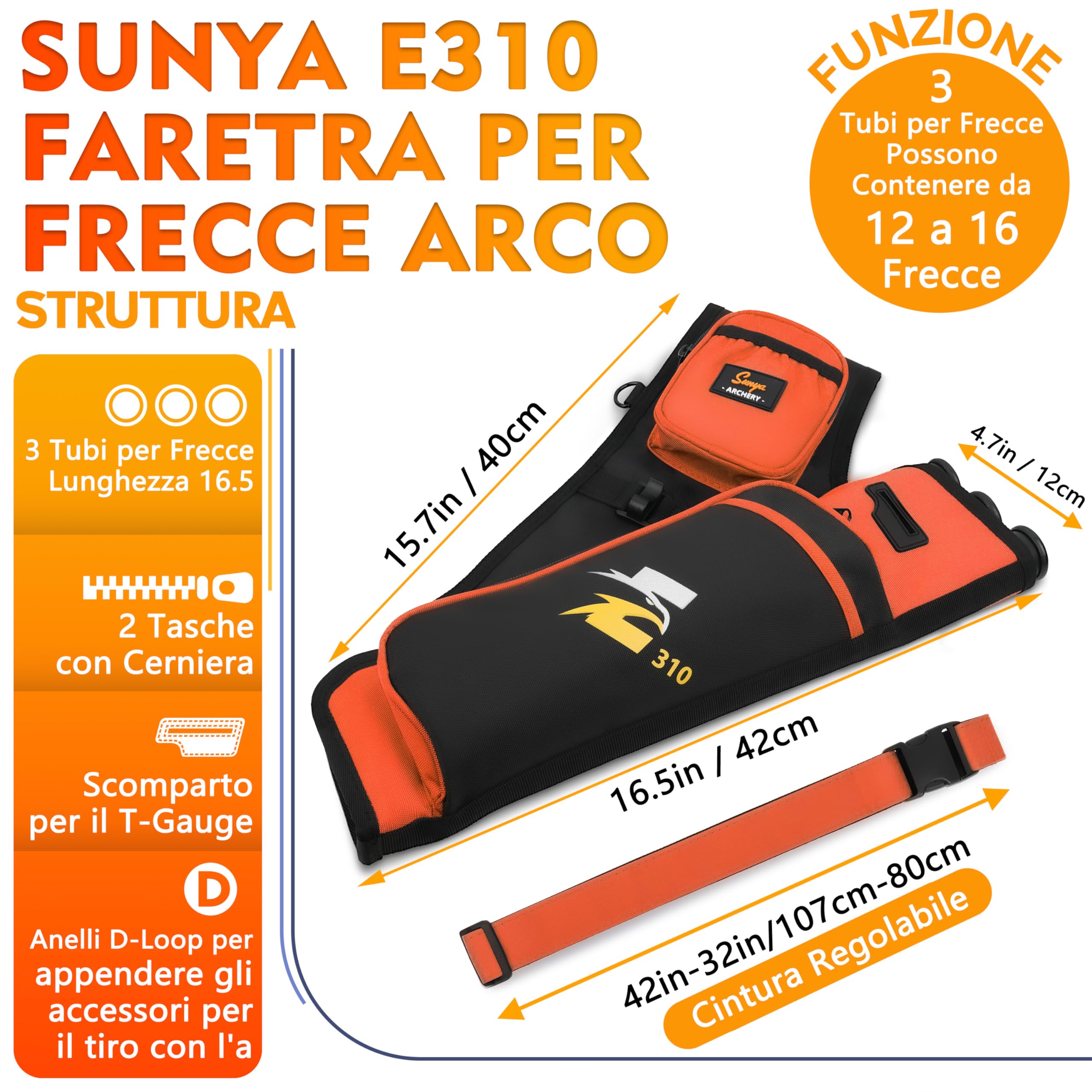 Sunya faretra per frecce Arco. Include 3 Tubi portafrecce, Tasche per Accessori e Cintura. Adatto per Archi Compound e recurve. - 2