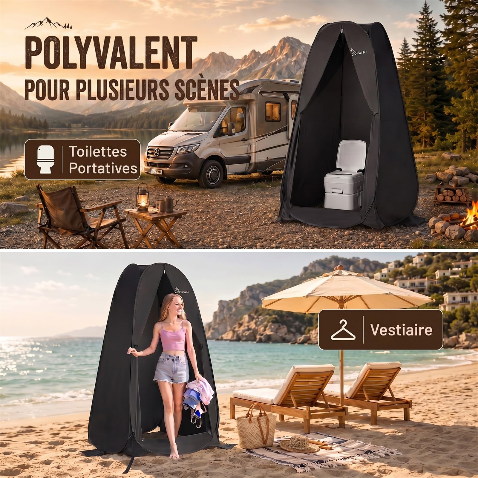 WolfWise Tente de Douche Pop Up Toilette Cabinet de Changement Camping Abri de Plein Air Vestiaire Extérieure Intérieure Portable, Largeur 39" (98 cm), Hauteur 69" (175 cm), Noir