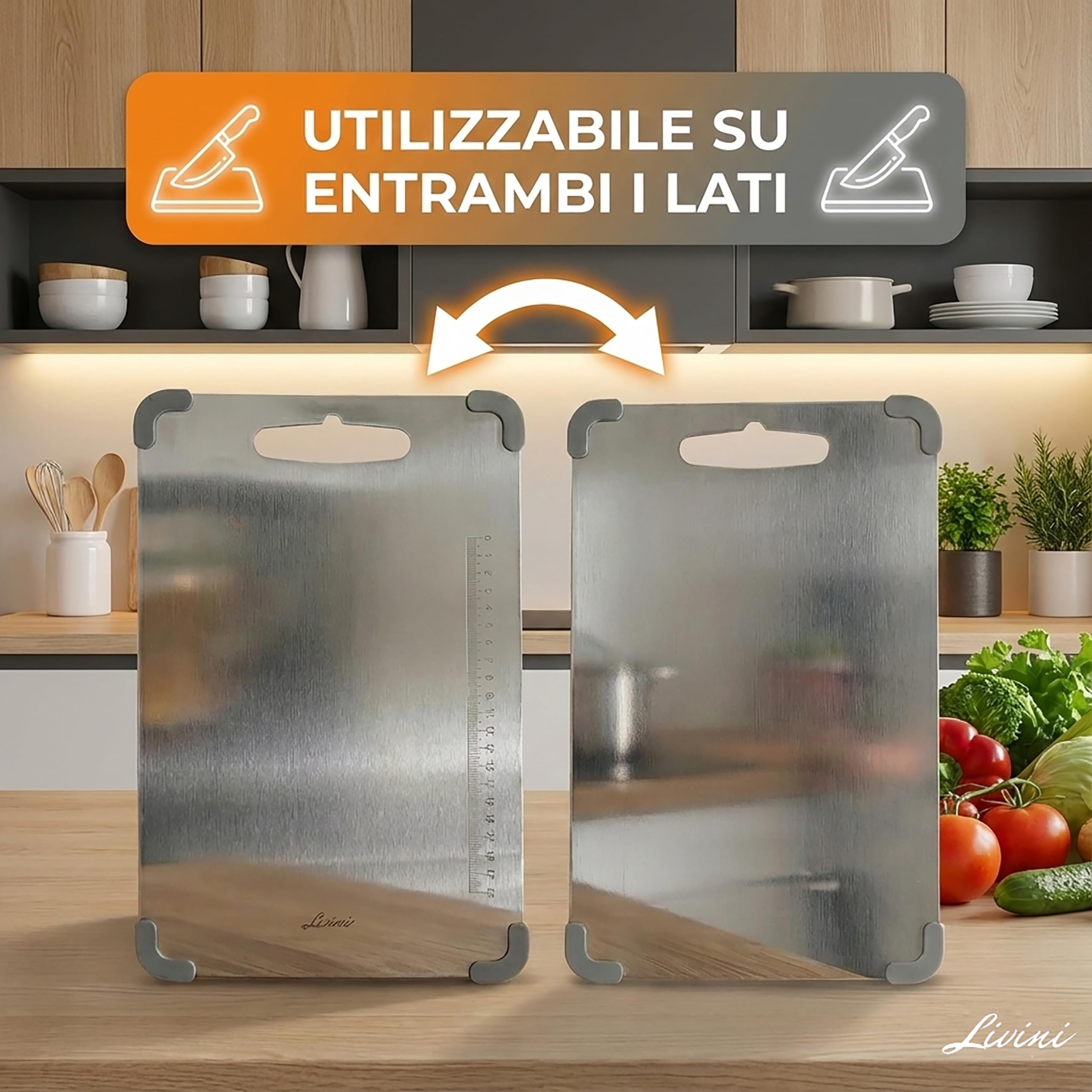 LIVINI Tagliere in Acciaio Inox 304 Alimentare 34x23cm, Tagliere da Cucina Professionale con Angoli Antiscivolo Rimuovibili in Silicone Antibatterico, Righello inciso per un Taglio preciso
