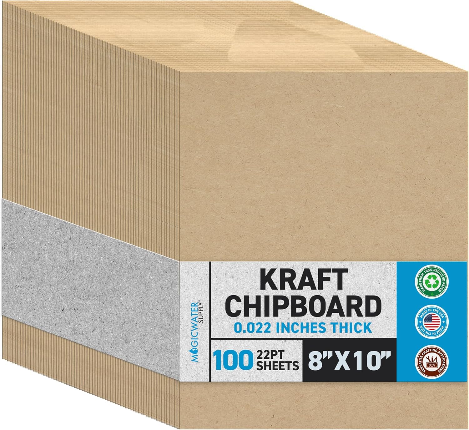 MagicWater Chipboard Sheet for DIY Projects - 8x10 Inch - 100 Pack - 22 pt - Heavy Duty Kraft (0.022 Inch Thick) Paperboard, For Scrapbooking, Books, Picture Frame Backing, Arts Project & Crafts