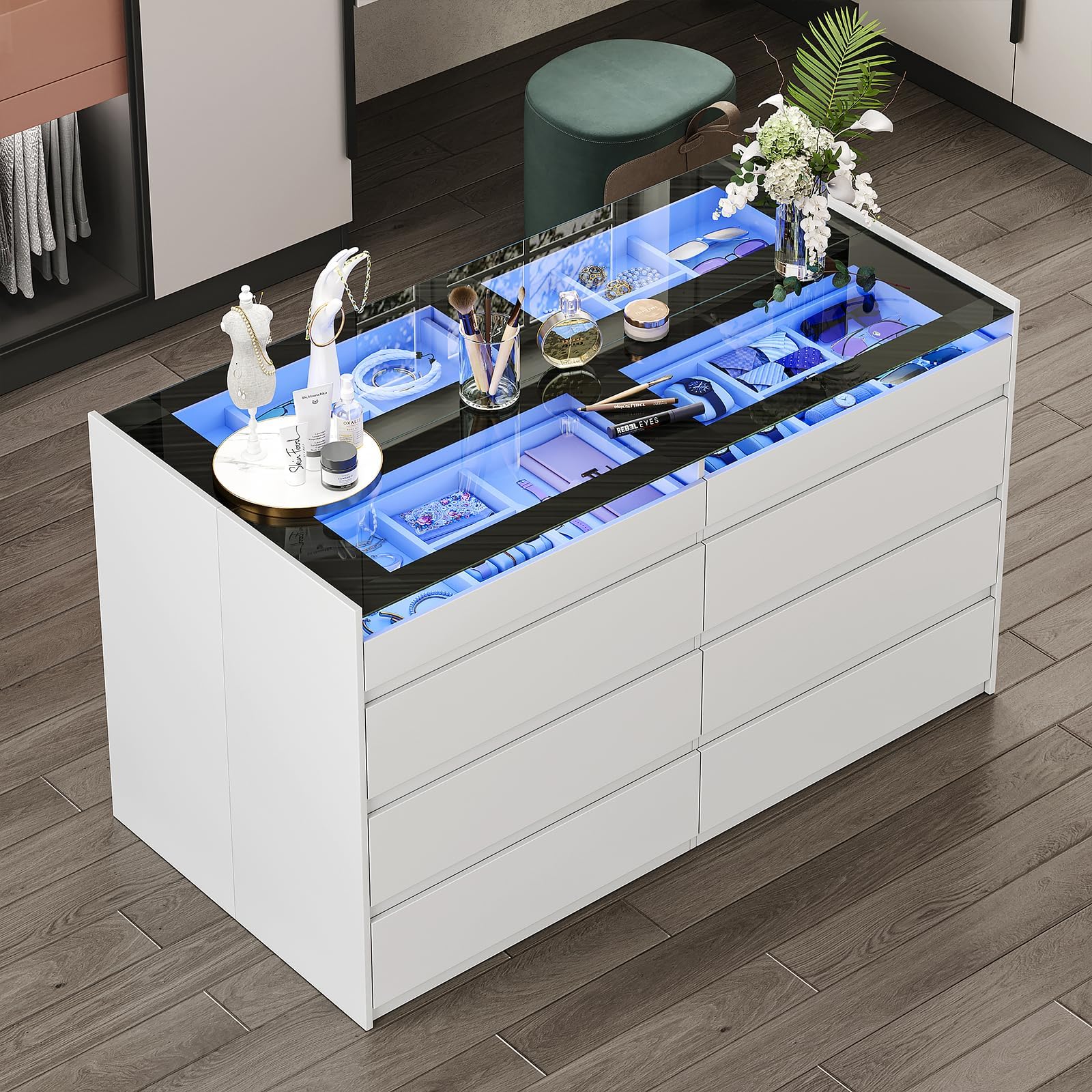 LIVAUVEAD Closet Island with Drawers, 16 Drawers Wardrobe Closet with Glass Top and LED Light，White Island Dresser with Jewelry Organizer for Bedroom & Cloakroom