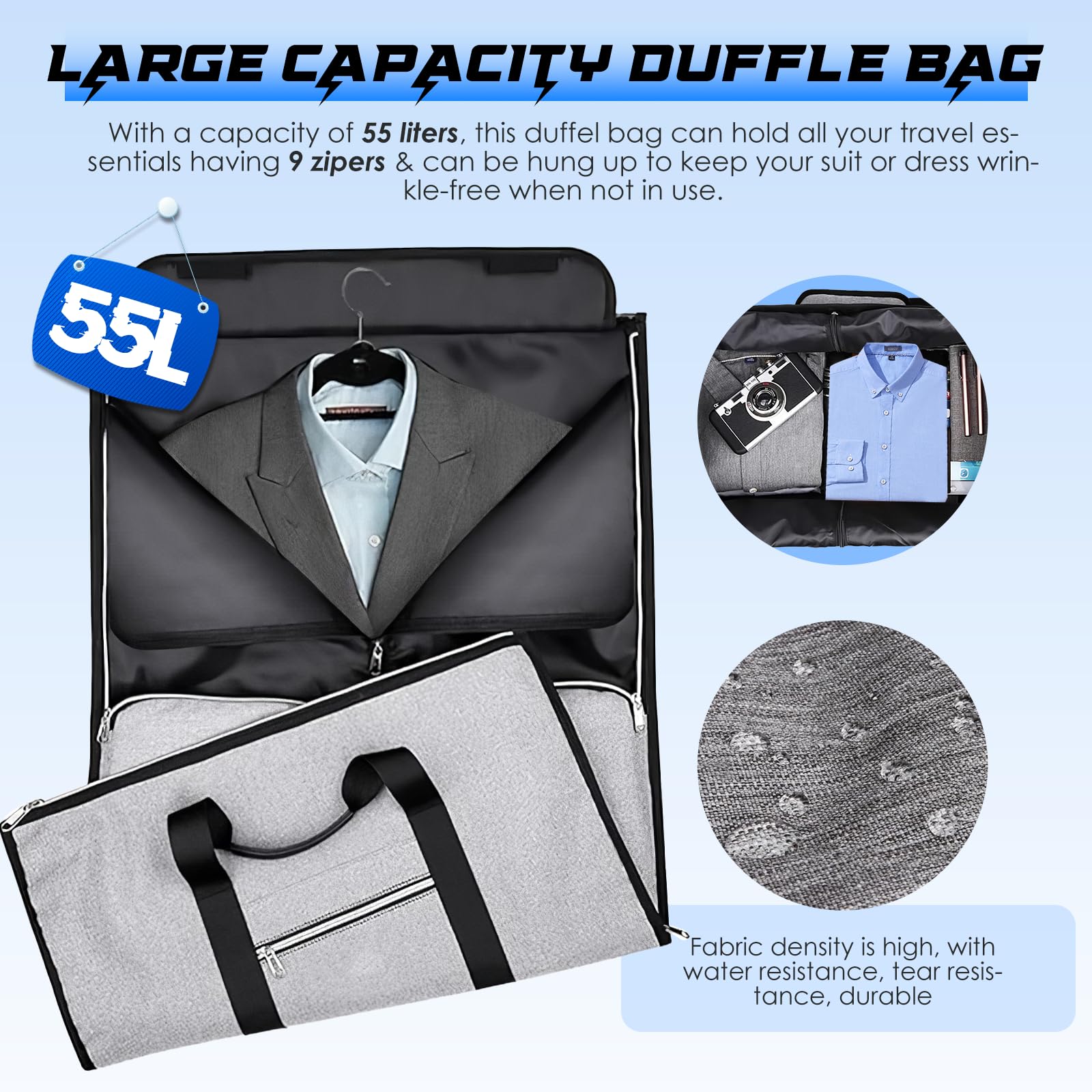 Towwoo Bolsa Portatrajes de Viaje 55 L, Grande Plegable Bolsa Impermeable con Compartimento para Zapatos Traje Ropa Vestidos, Macuto Viaje Bolsa Deporte para Fin de Semana Fitness Viaje