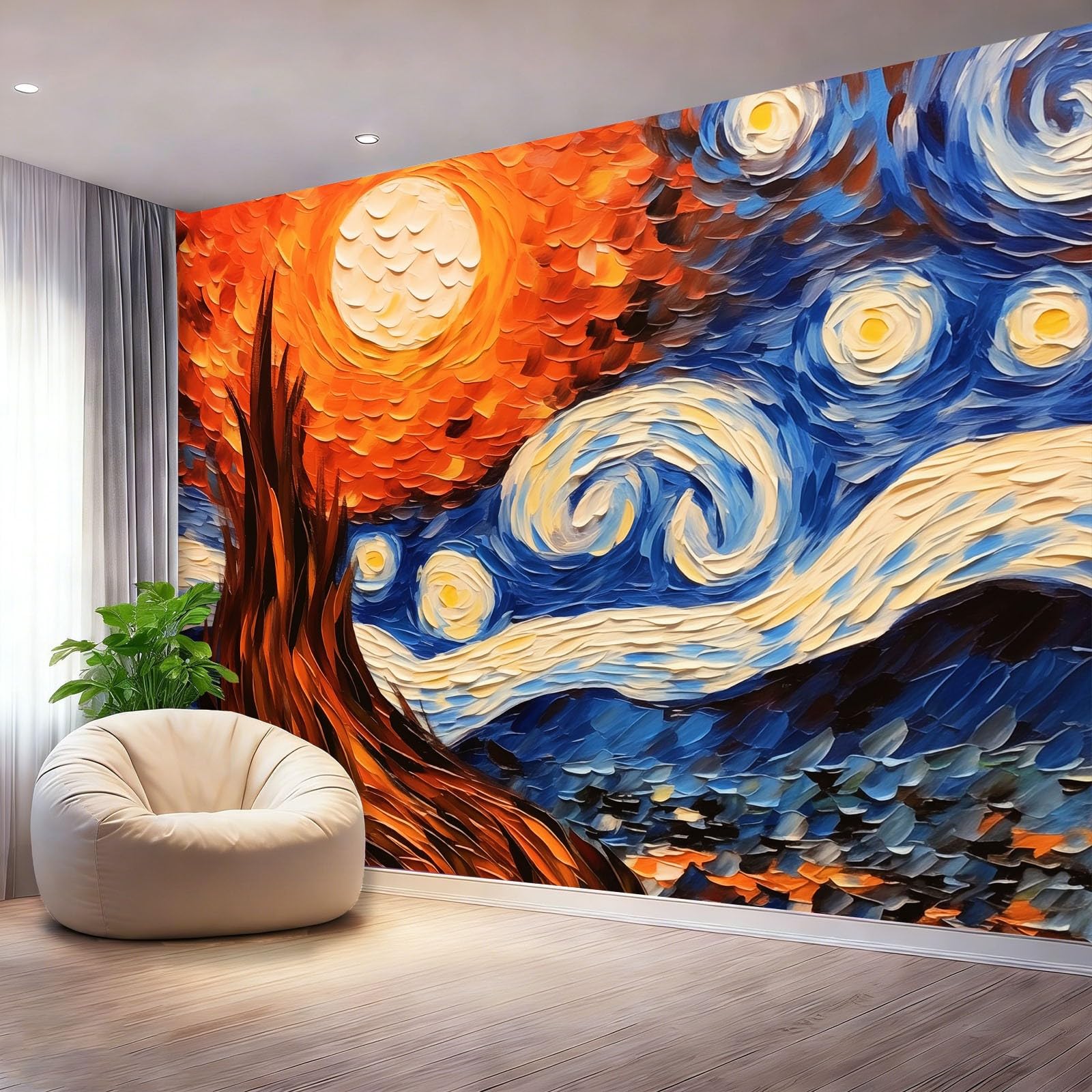 Fototapeta 400 x 280 cm ściany dekoracja salonu projekt retro gwiaździsta noc pole obraz olejny do sypialni salonu tapeta z włókniny, niebieski pomarańczowy