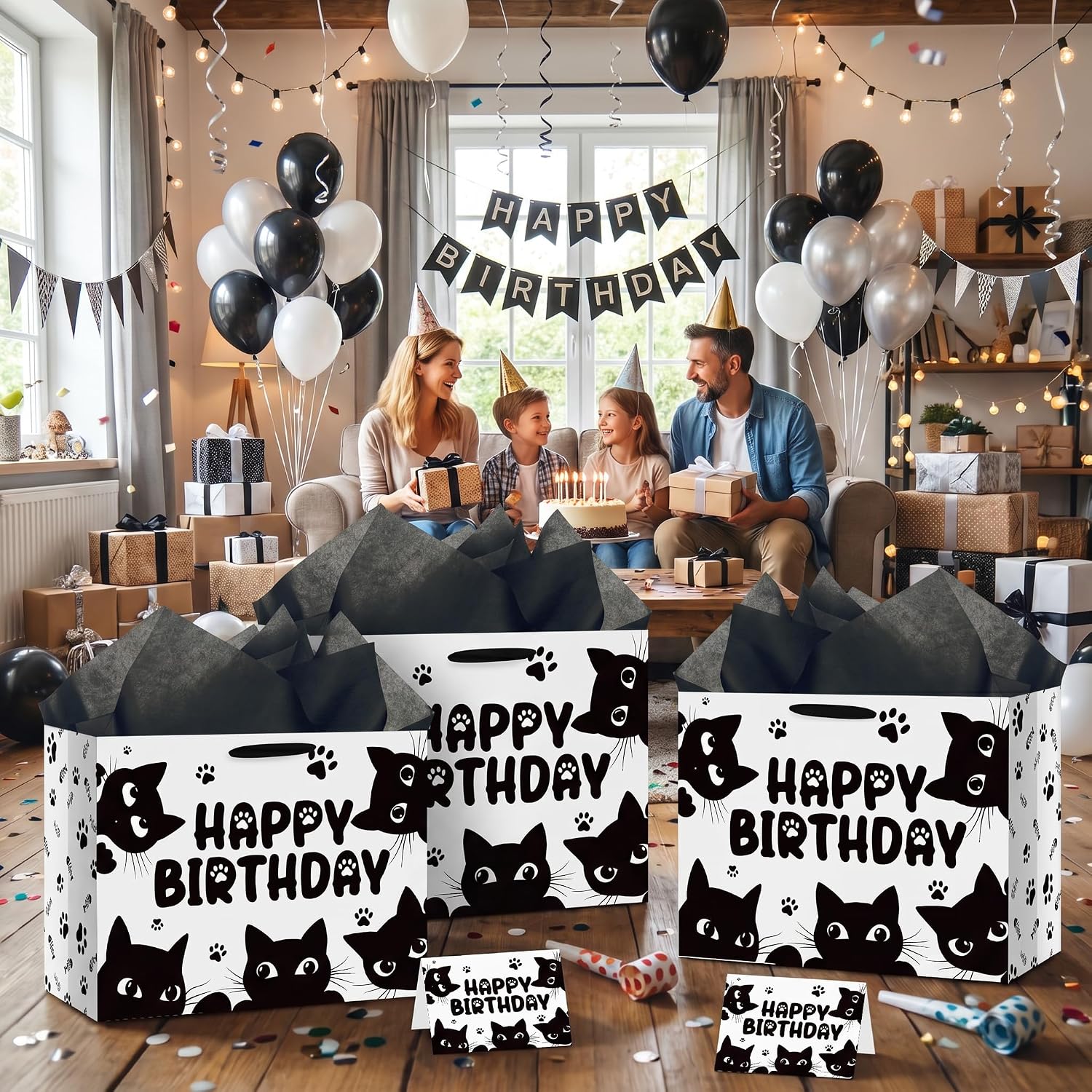 Cute Black Cat Happy Birthday Gift Bag Set with Card and Black Tissue Paper - Minimalist White Paw Print Fish Bone Party Favor Wrapper (11.8" x 9.4" x 5.3") for Feline Cat Lovers, Kids Boys Girls image 4