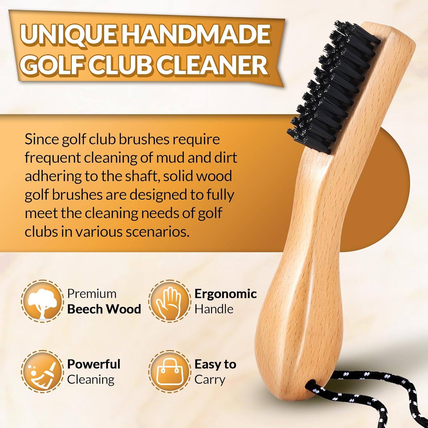 Belongtous Golf Clubs Scrub Cleaning Brush: Golf Accessories for Men Women Golfers - Nylon Bristle Beech Wood Brush Groove Cleaner with Nylon Rope & Hooks - Image 2